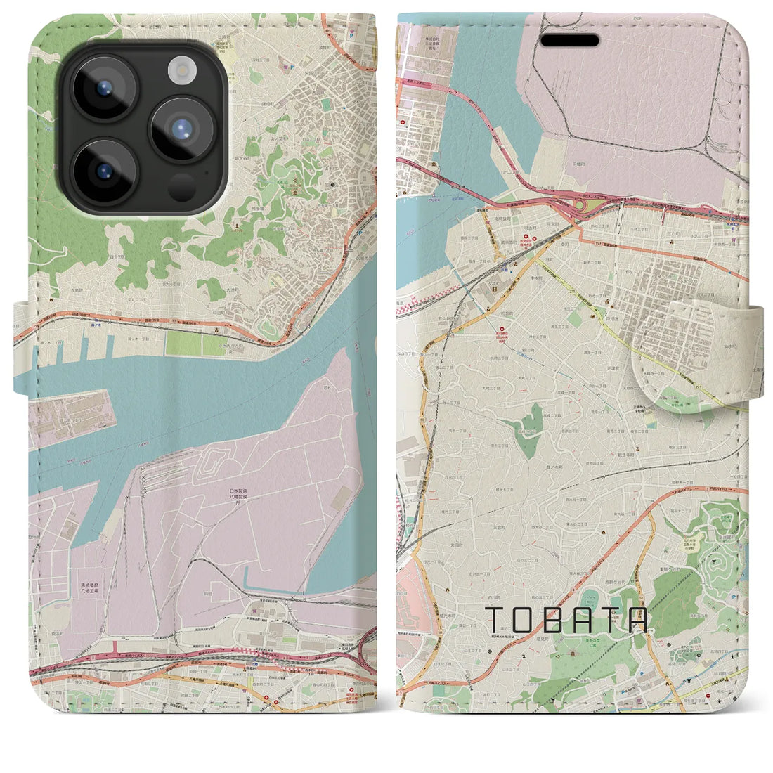 【戸畑】地図柄iPhoneケース（手帳両面タイプ・ナチュラル）iPhone 15 Pro Max 用