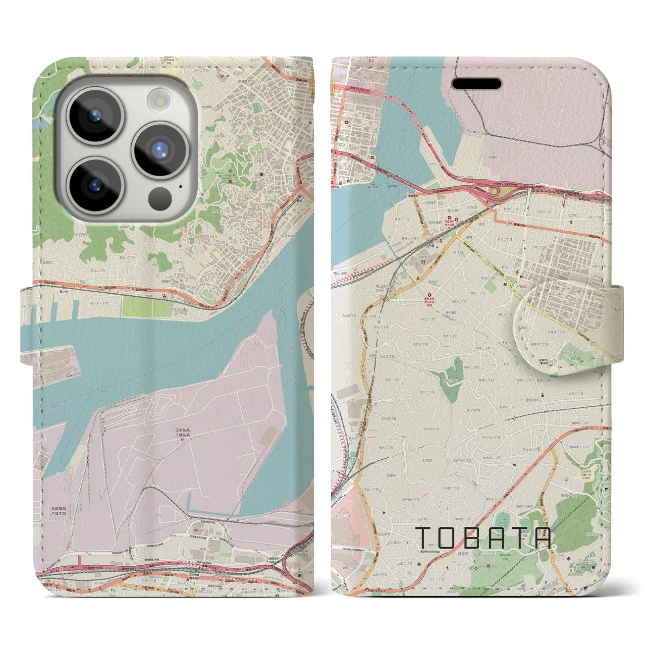 【戸畑】地図柄iPhoneケース（手帳両面タイプ・ナチュラル）iPhone 15 Pro 用