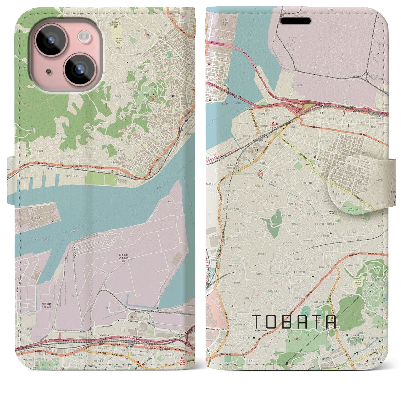 【戸畑】地図柄iPhoneケース（手帳両面タイプ・ナチュラル）iPhone 15 Plus 用