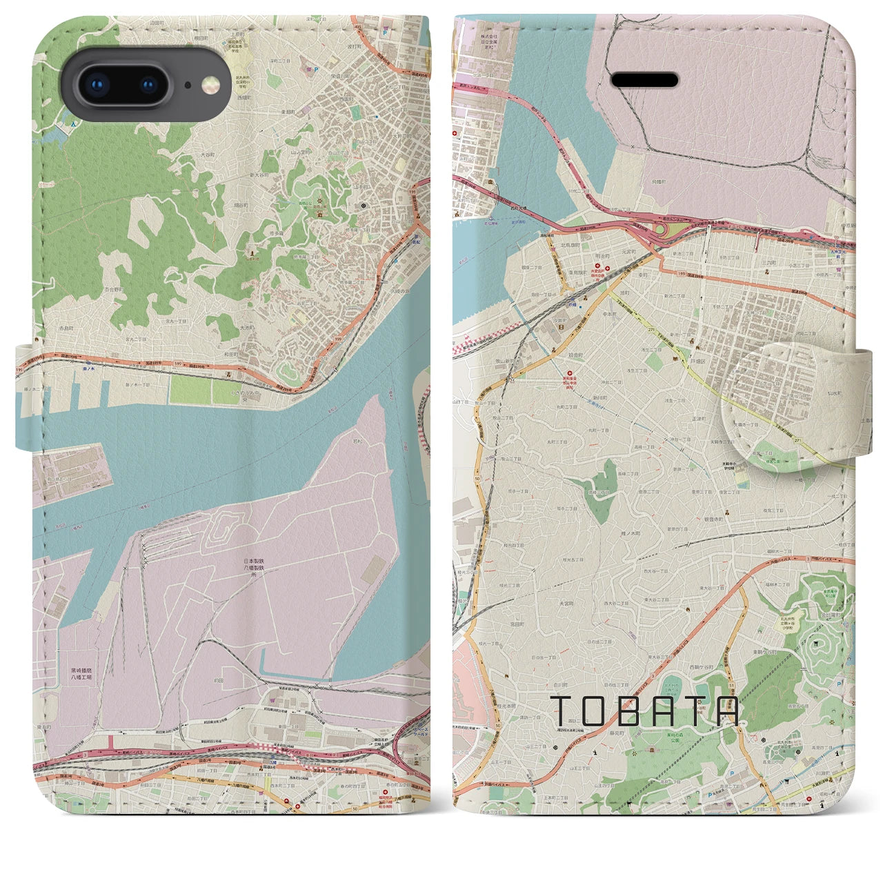 【戸畑】地図柄iPhoneケース（手帳両面タイプ・ナチュラル）iPhone 8Plus /7Plus / 6sPlus / 6Plus 用
