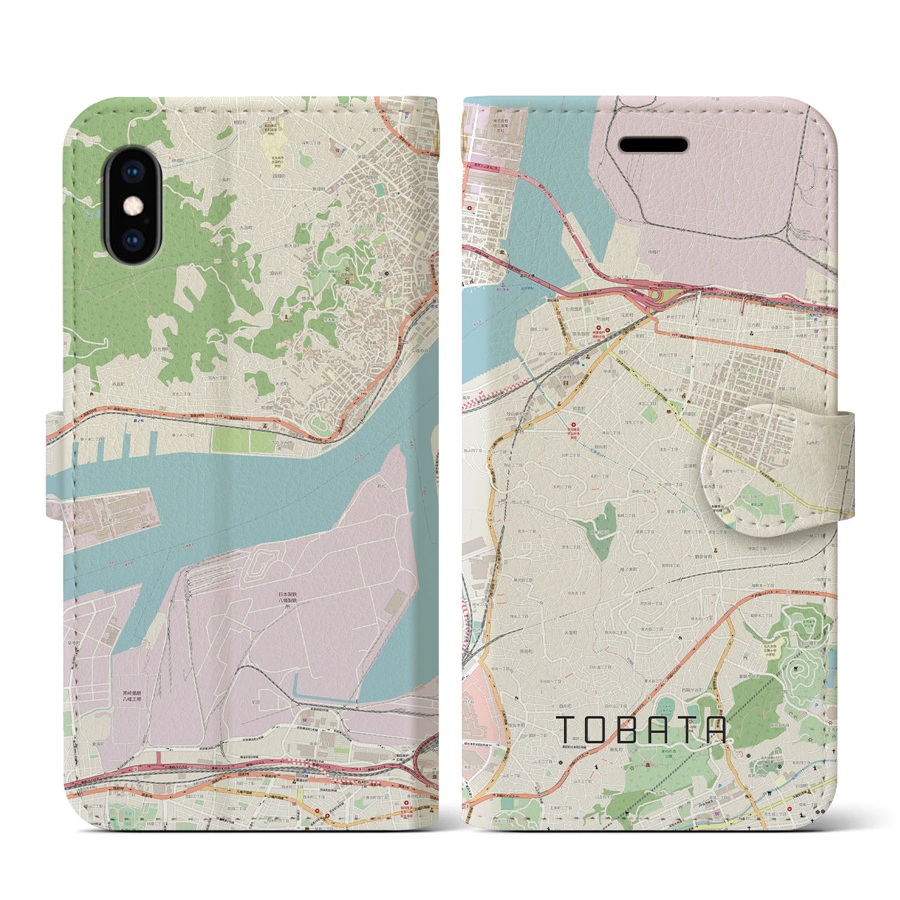 【戸畑】地図柄iPhoneケース（手帳両面タイプ・ナチュラル）iPhone XS / X 用