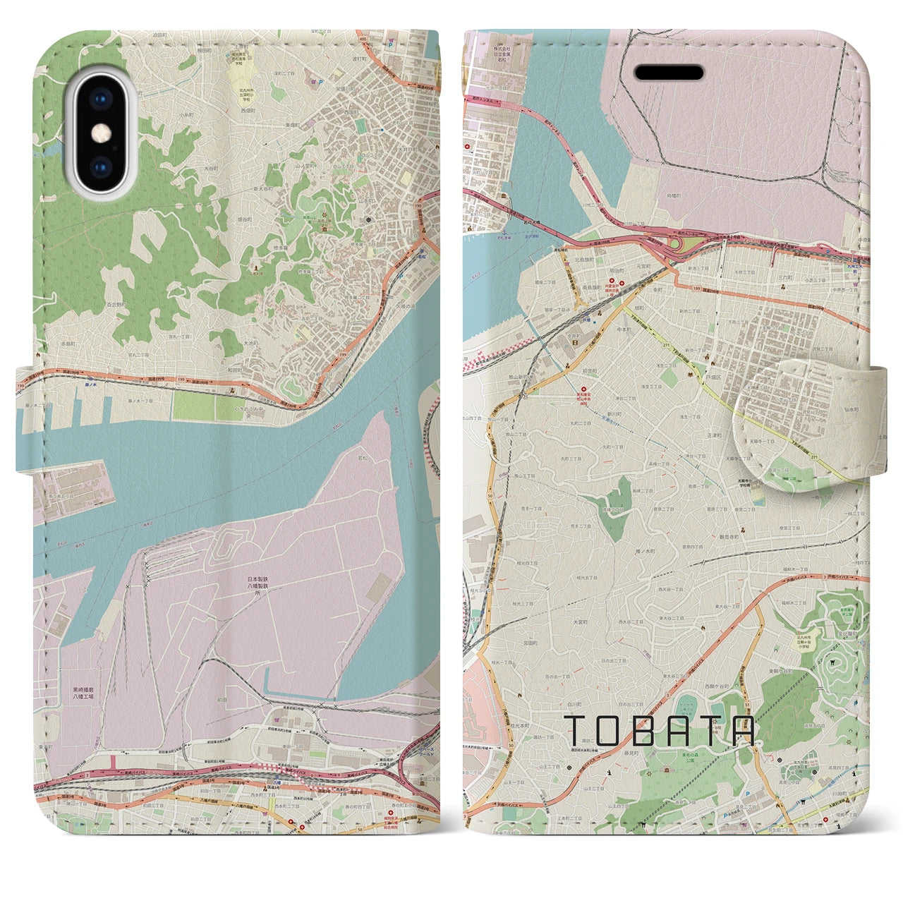 【戸畑】地図柄iPhoneケース（手帳両面タイプ・ナチュラル）iPhone XS Max 用