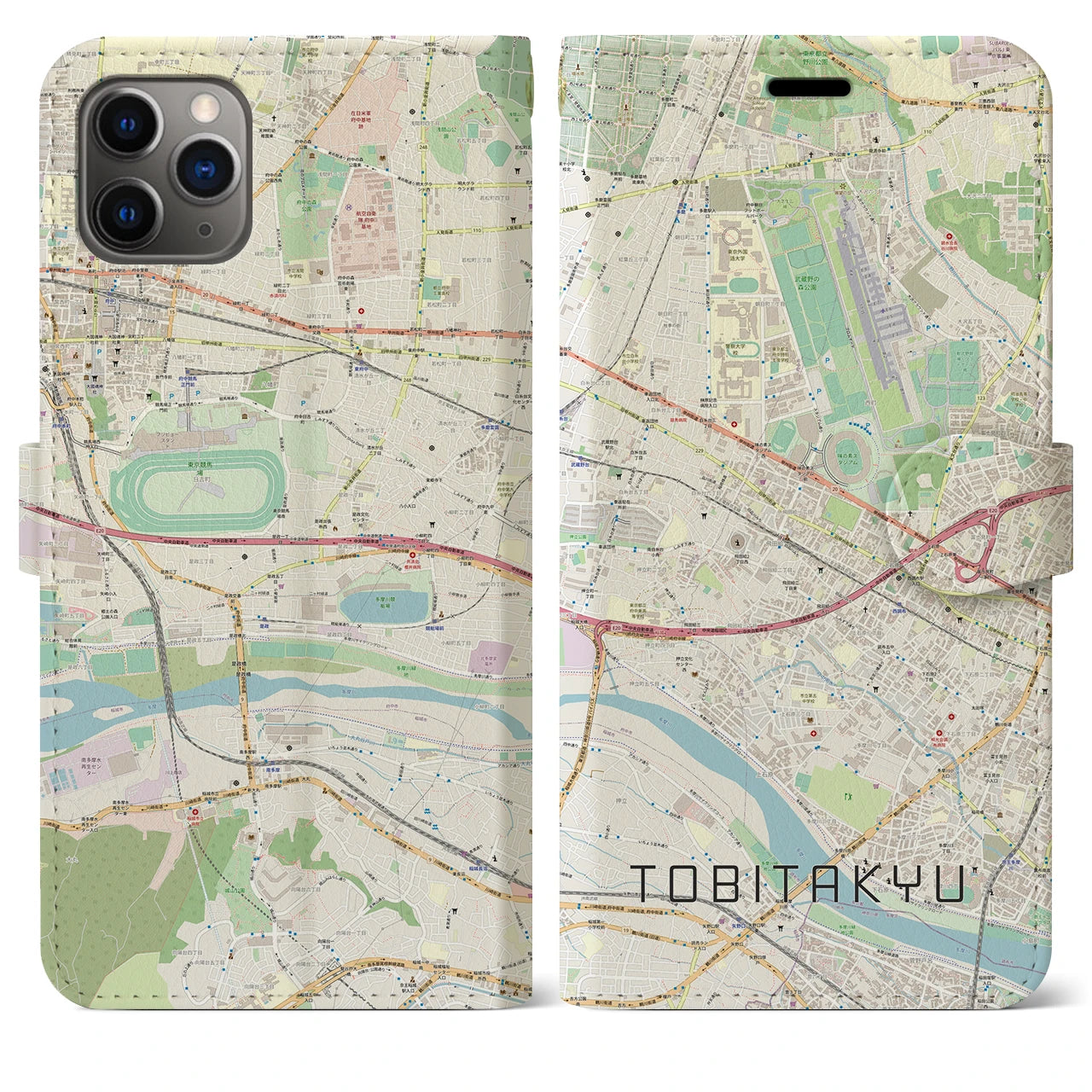 【飛田給】地図柄iPhoneケース（手帳両面タイプ・ナチュラル）iPhone 11 Pro Max 用
