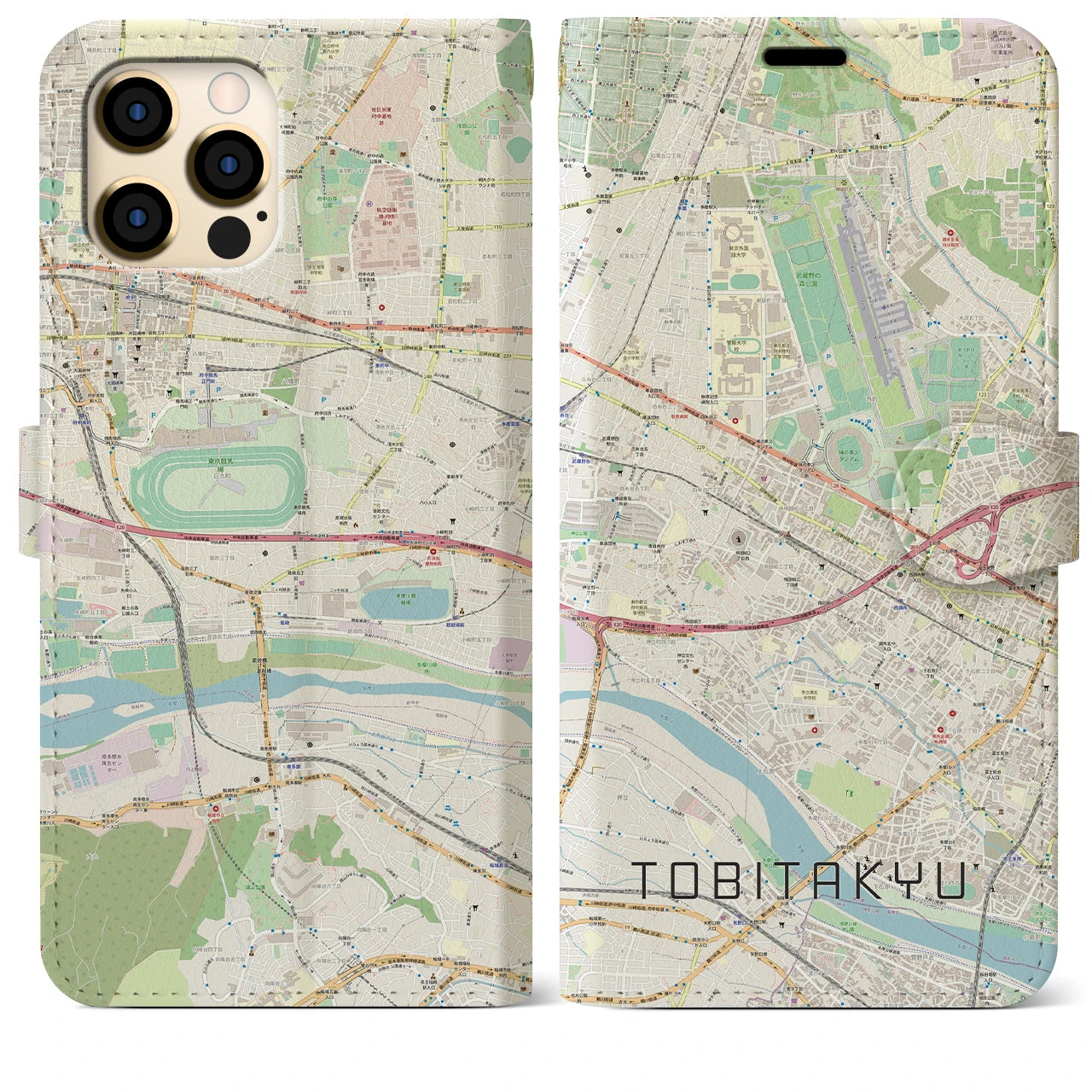 【飛田給】地図柄iPhoneケース（手帳両面タイプ・ナチュラル）iPhone 12 Pro Max 用