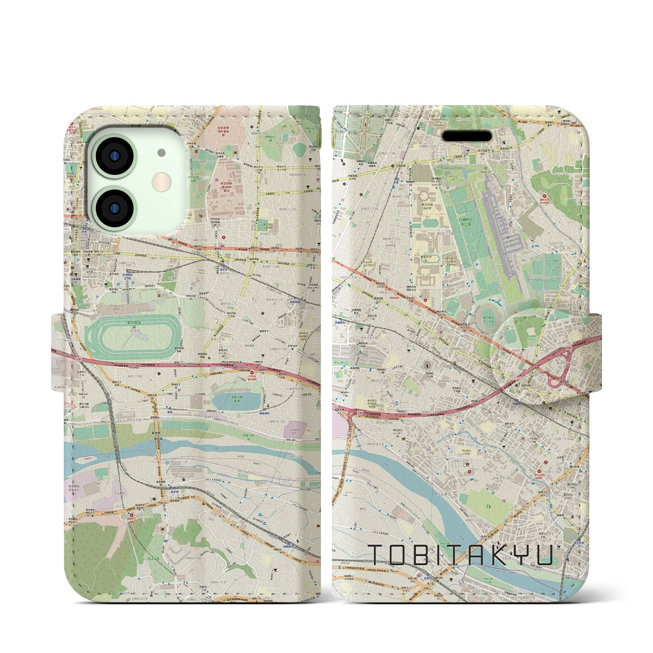 【飛田給】地図柄iPhoneケース（手帳両面タイプ・ナチュラル）iPhone 12 mini 用