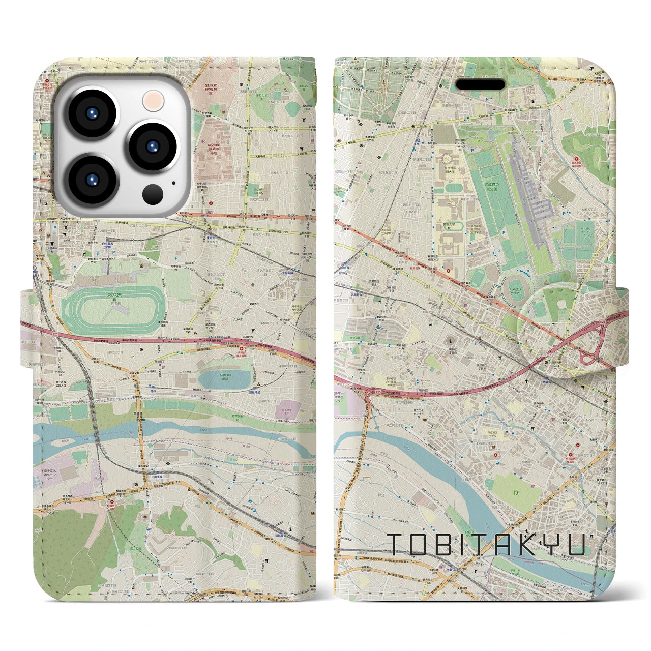 【飛田給】地図柄iPhoneケース（手帳両面タイプ・ナチュラル）iPhone 13 Pro 用