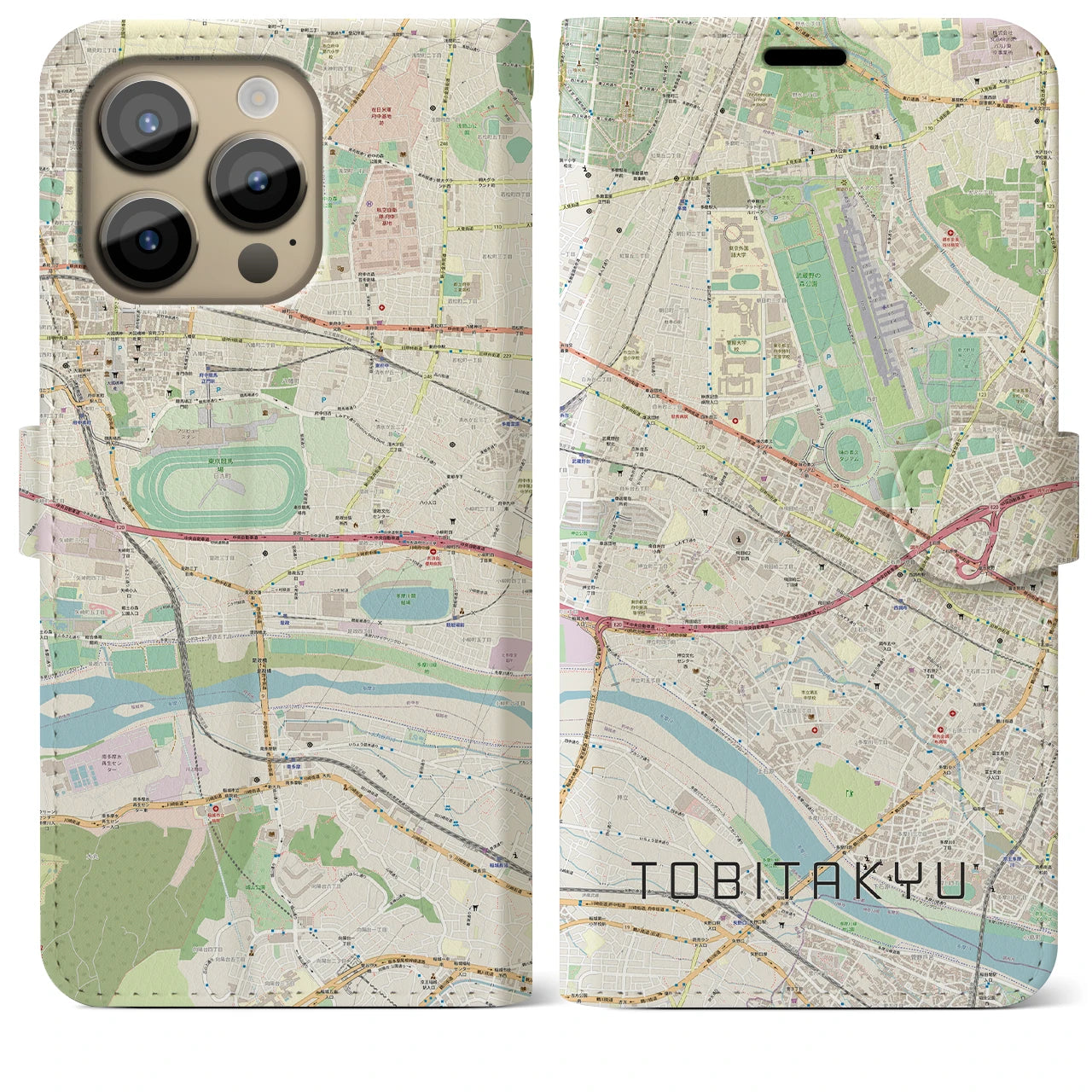 【飛田給】地図柄iPhoneケース（手帳両面タイプ・ナチュラル）iPhone 14 Pro Max 用
