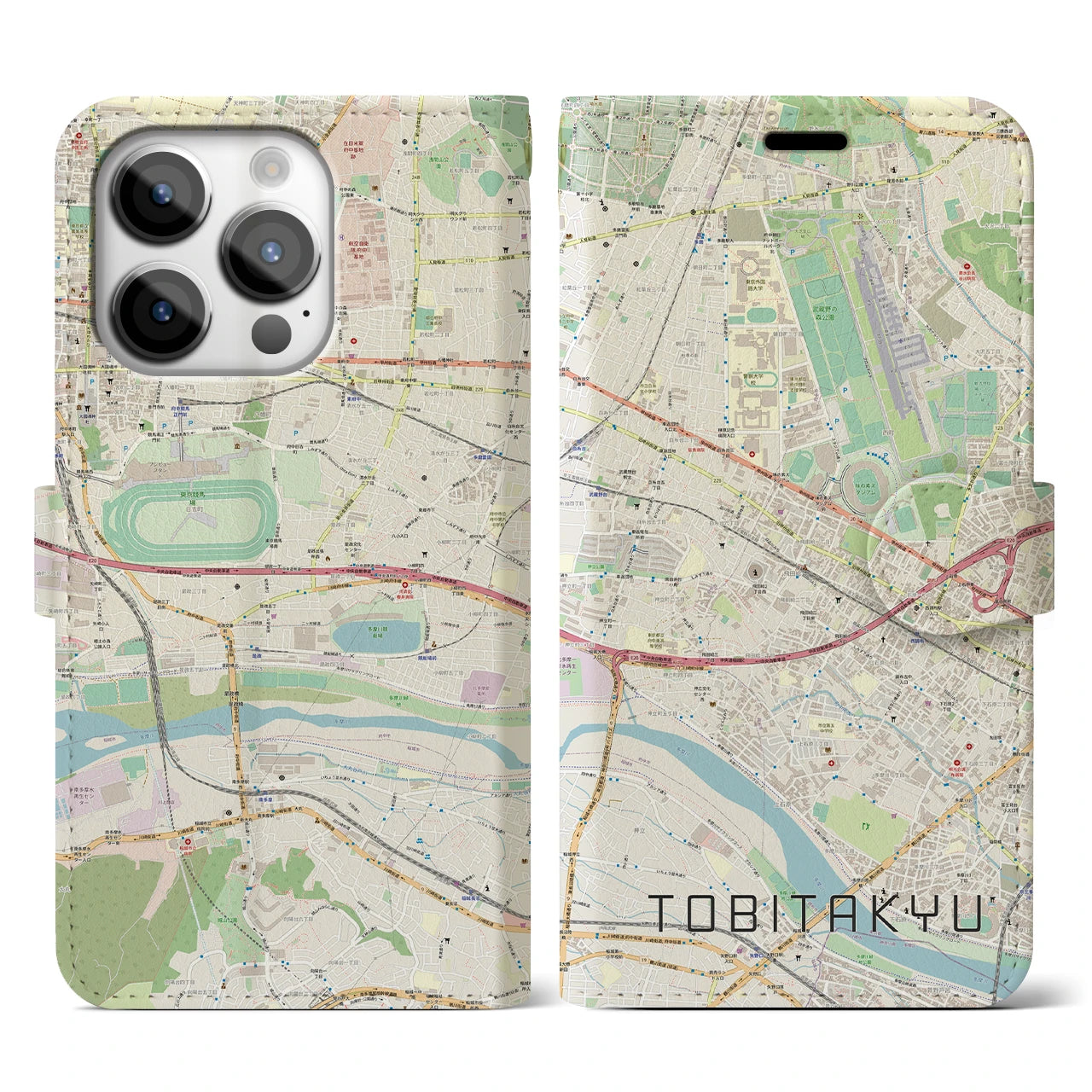 【飛田給】地図柄iPhoneケース（手帳両面タイプ・ナチュラル）iPhone 14 Pro 用