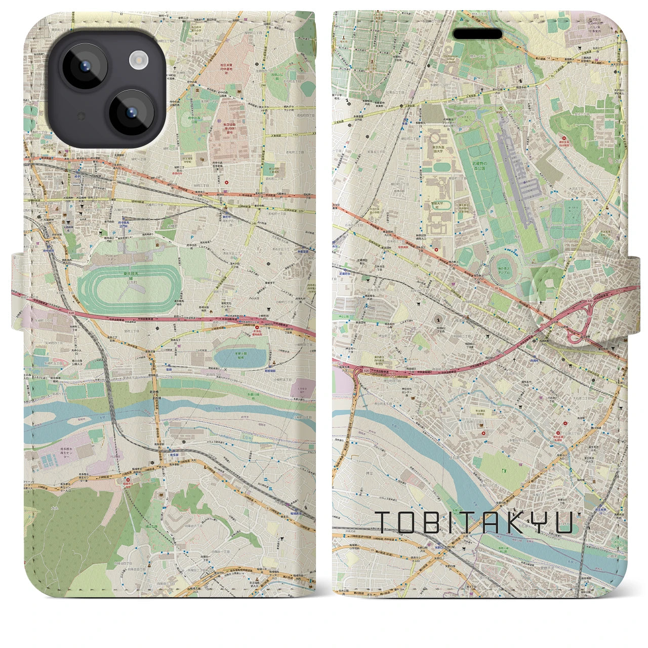 【飛田給】地図柄iPhoneケース（手帳両面タイプ・ナチュラル）iPhone 14 Plus 用