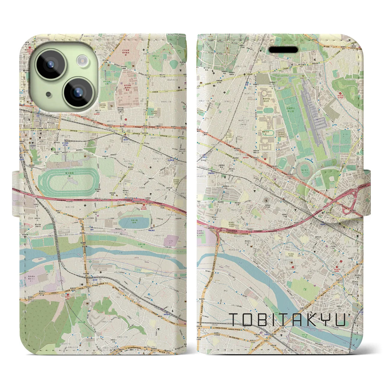 【飛田給】地図柄iPhoneケース（手帳両面タイプ・ナチュラル）iPhone 15 用