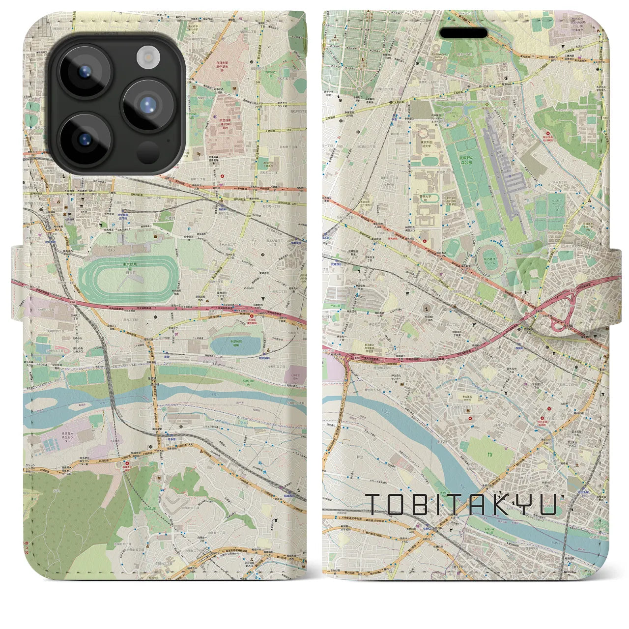 【飛田給】地図柄iPhoneケース（手帳両面タイプ・ナチュラル）iPhone 15 Pro Max 用
