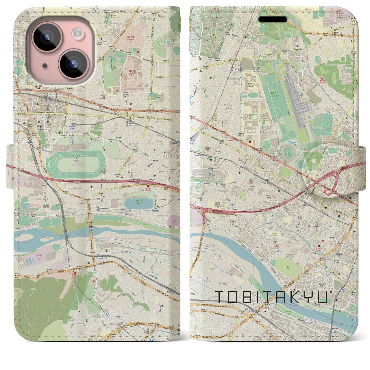 【飛田給】地図柄iPhoneケース（手帳両面タイプ・ナチュラル）iPhone 15 Plus 用