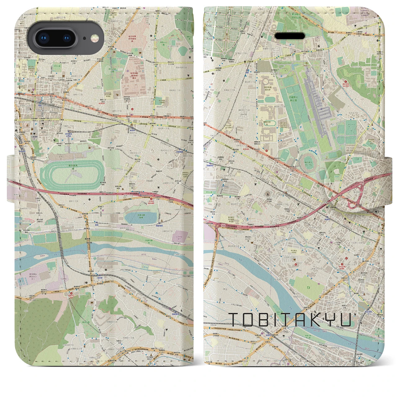 【飛田給】地図柄iPhoneケース（手帳両面タイプ・ナチュラル）iPhone 8Plus /7Plus / 6sPlus / 6Plus 用