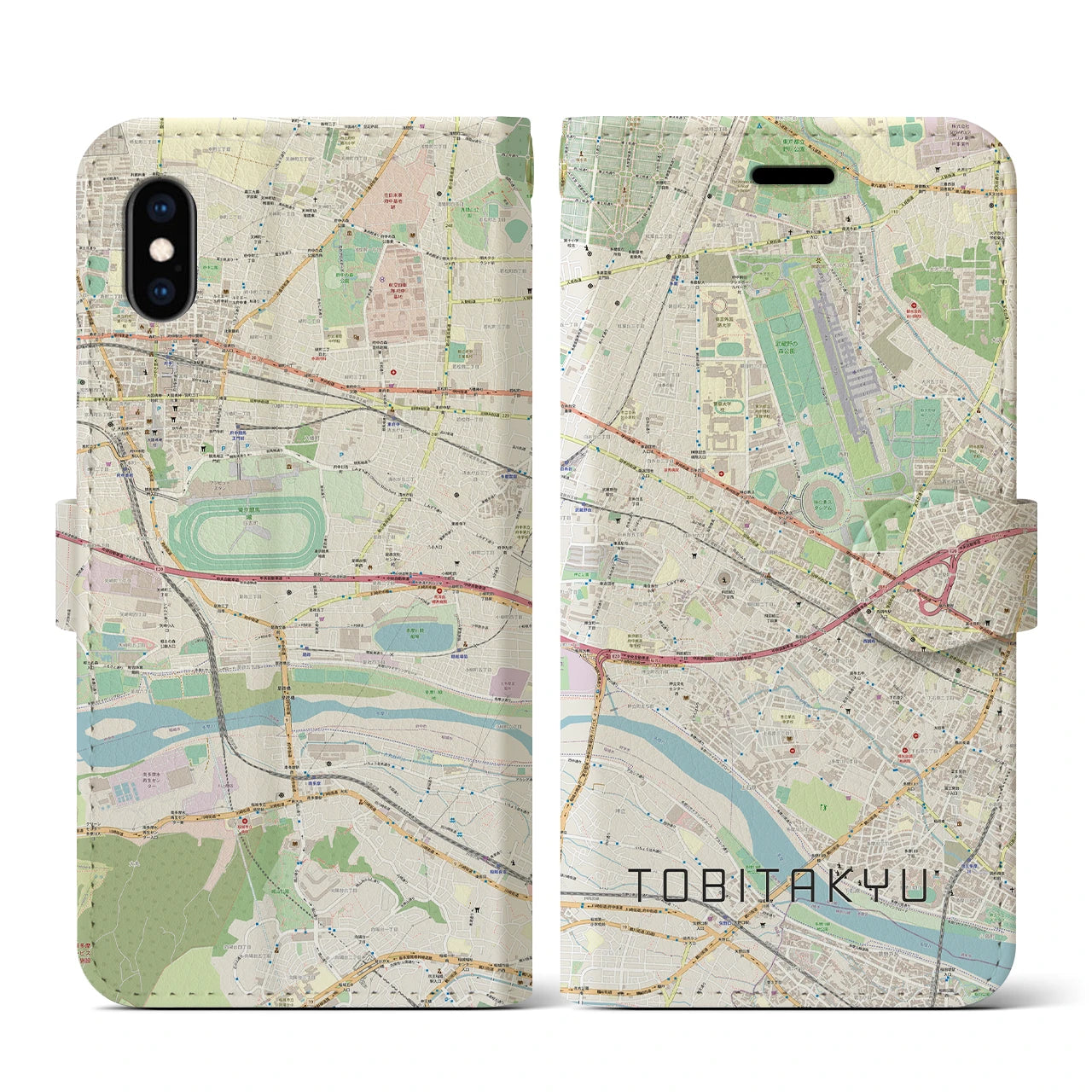 【飛田給】地図柄iPhoneケース（手帳両面タイプ・ナチュラル）iPhone XS / X 用