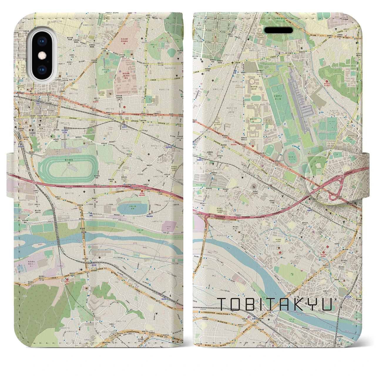 【飛田給】地図柄iPhoneケース（手帳両面タイプ・ナチュラル）iPhone XS Max 用
