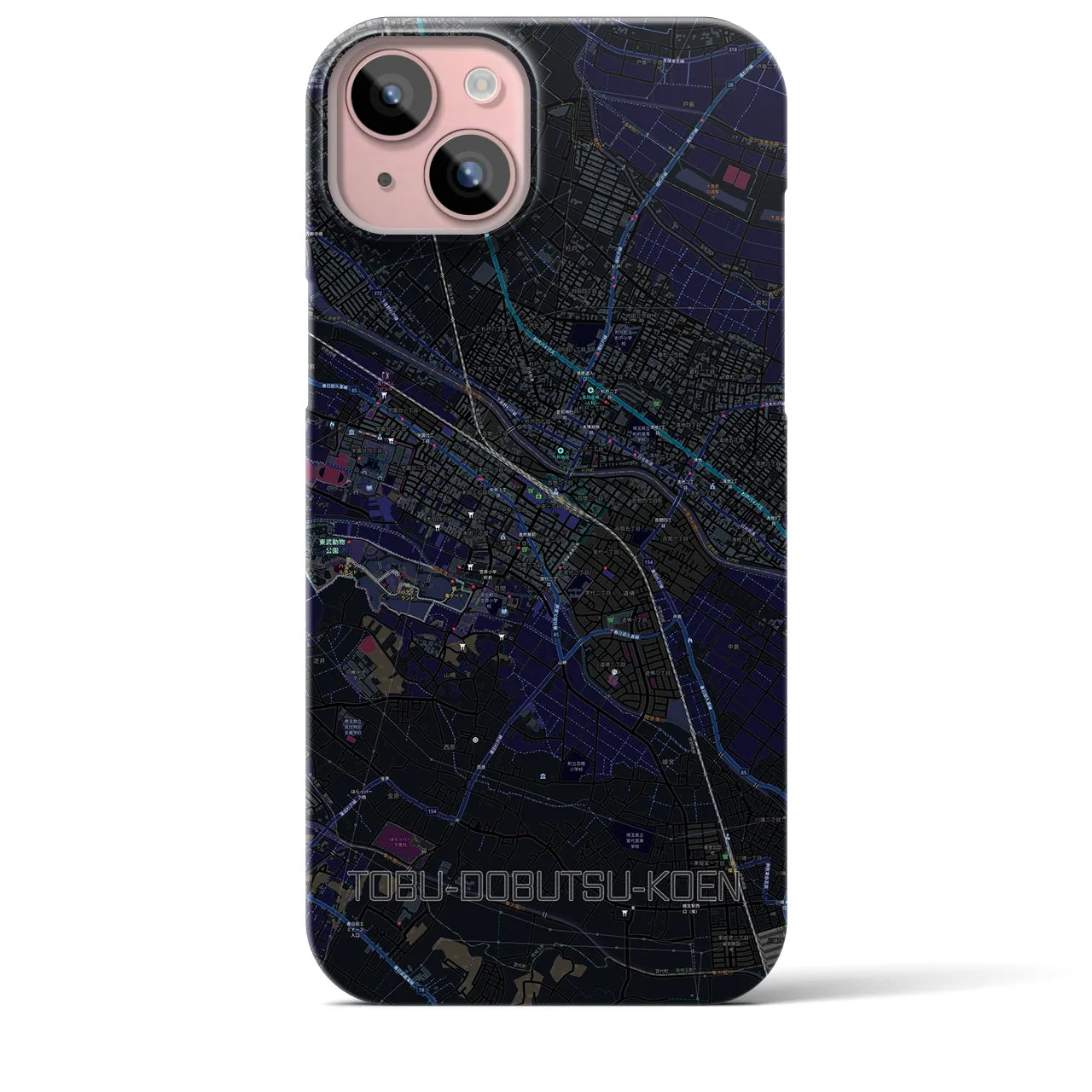【東武動物公園】地図柄iPhoneケース（バックカバータイプ・ブラック）iPhone 15 Plus 用