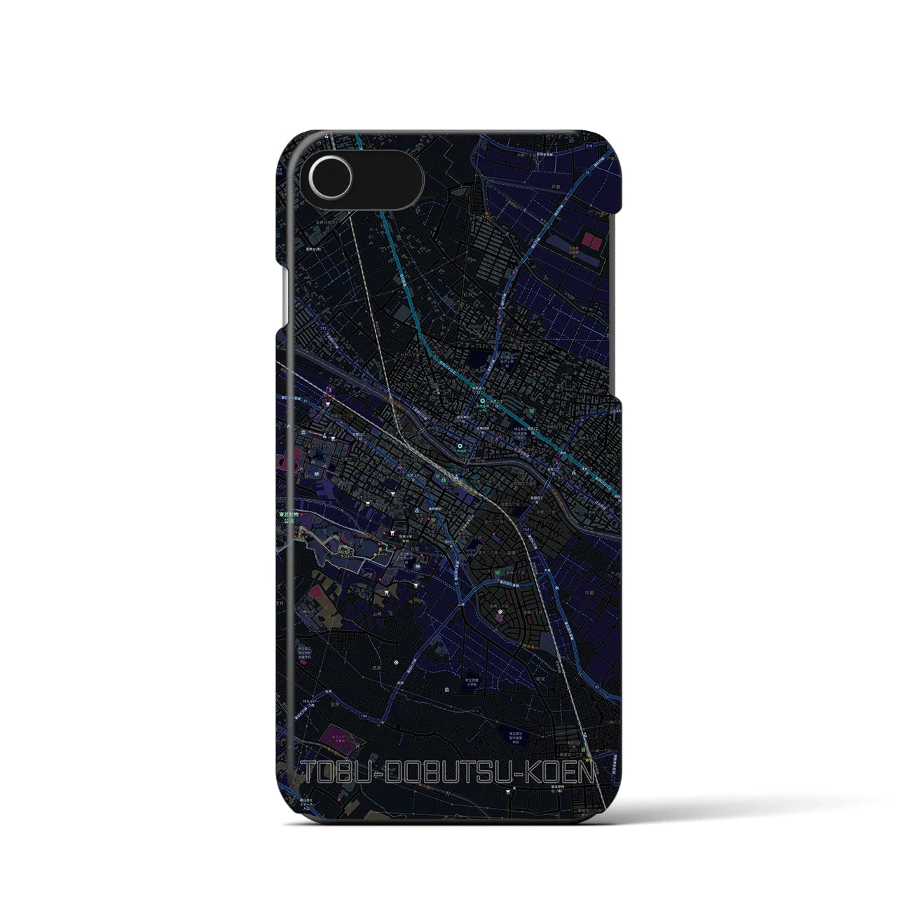 【東武動物公園】地図柄iPhoneケース（バックカバータイプ・ブラック）iPhone SE（第3 / 第2世代） / 8 / 7 / 6s / 6 用