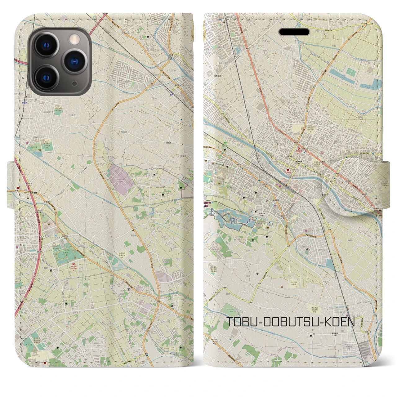 【東武動物公園】地図柄iPhoneケース（手帳両面タイプ・ナチュラル）iPhone 11 Pro Max 用