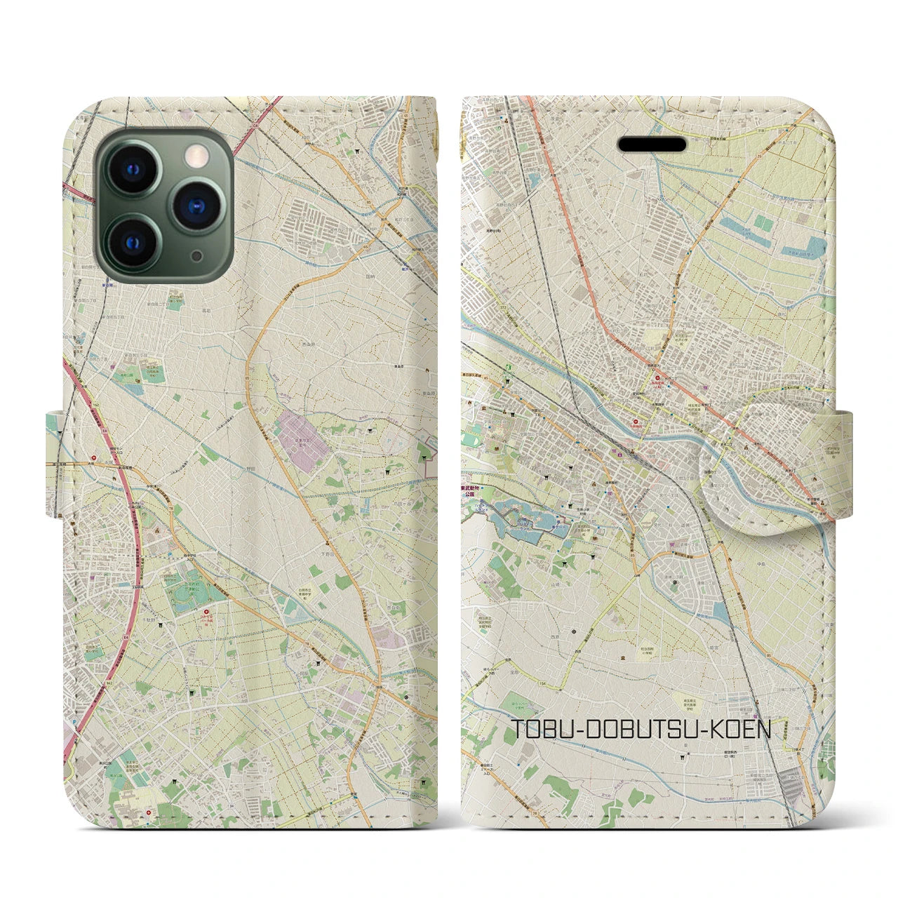 【東武動物公園】地図柄iPhoneケース（手帳両面タイプ・ナチュラル）iPhone 11 Pro 用