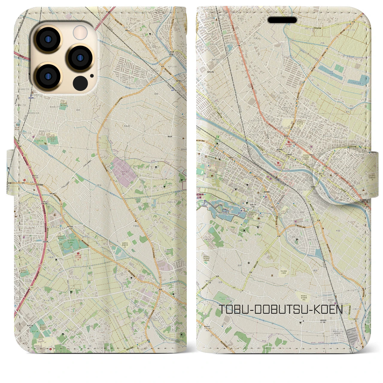 【東武動物公園】地図柄iPhoneケース（手帳両面タイプ・ナチュラル）iPhone 12 Pro Max 用