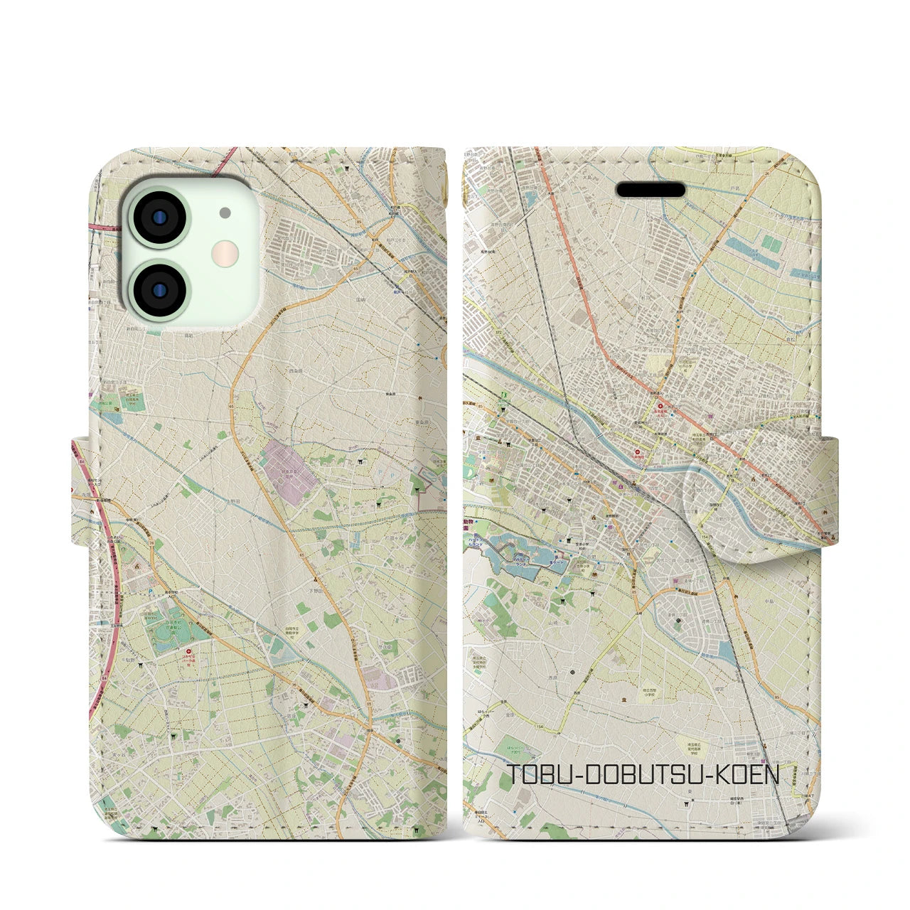 【東武動物公園】地図柄iPhoneケース（手帳両面タイプ・ナチュラル）iPhone 12 mini 用