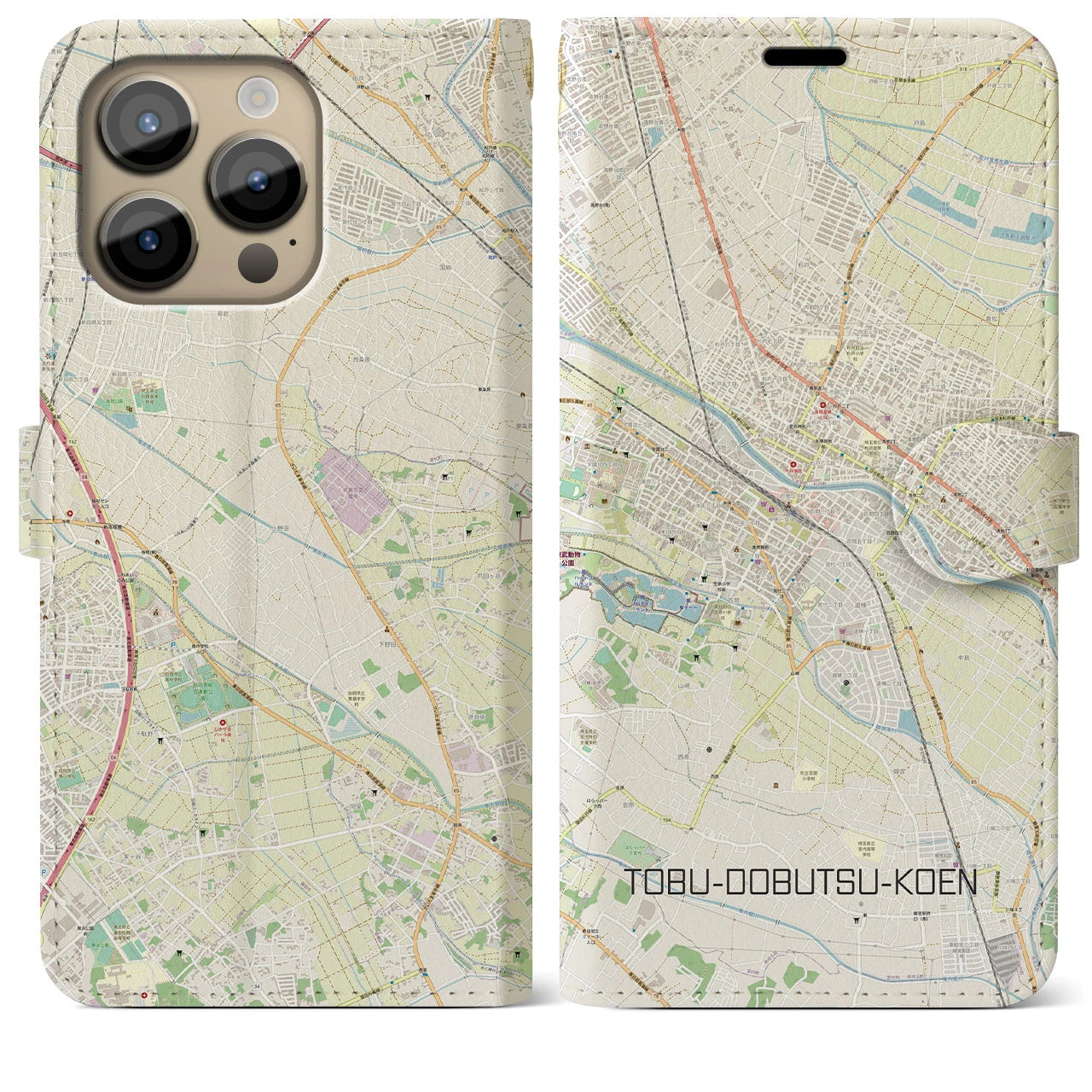 【東武動物公園】地図柄iPhoneケース（手帳両面タイプ・ナチュラル）iPhone 14 Pro Max 用
