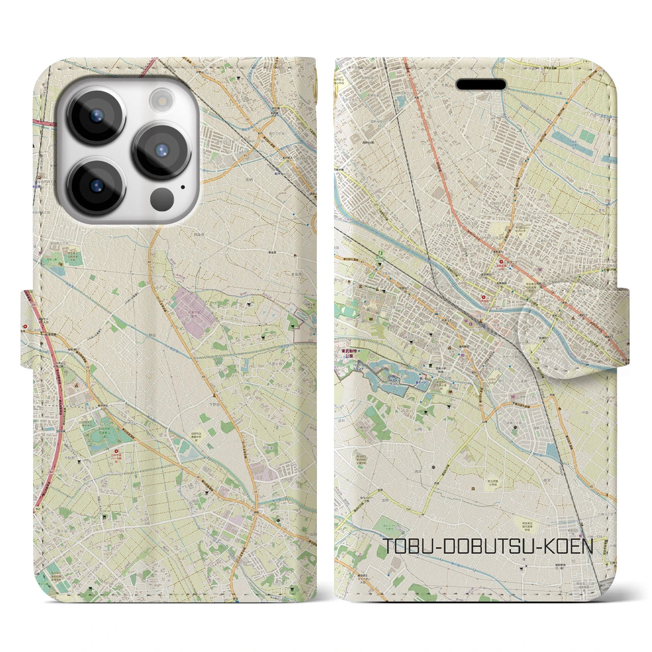 【東武動物公園】地図柄iPhoneケース（手帳両面タイプ・ナチュラル）iPhone 14 Pro 用