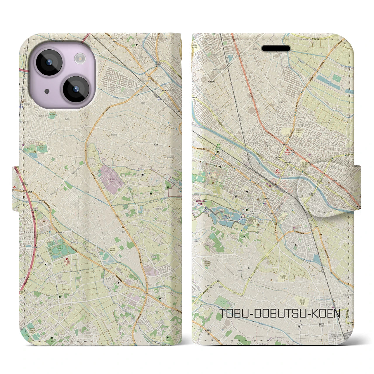 【東武動物公園】地図柄iPhoneケース（手帳両面タイプ・ナチュラル）iPhone 14 用