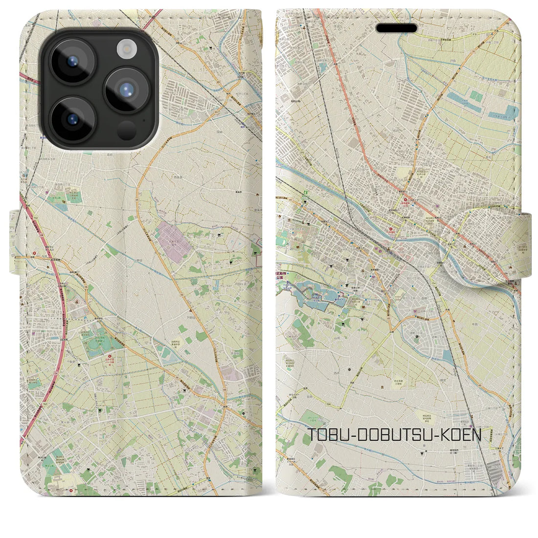 【東武動物公園】地図柄iPhoneケース（手帳両面タイプ・ナチュラル）iPhone 15 Pro Max 用