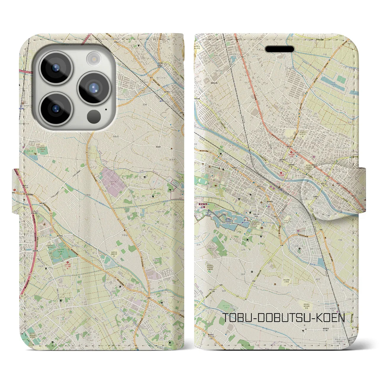 【東武動物公園】地図柄iPhoneケース（手帳両面タイプ・ナチュラル）iPhone 15 Pro 用