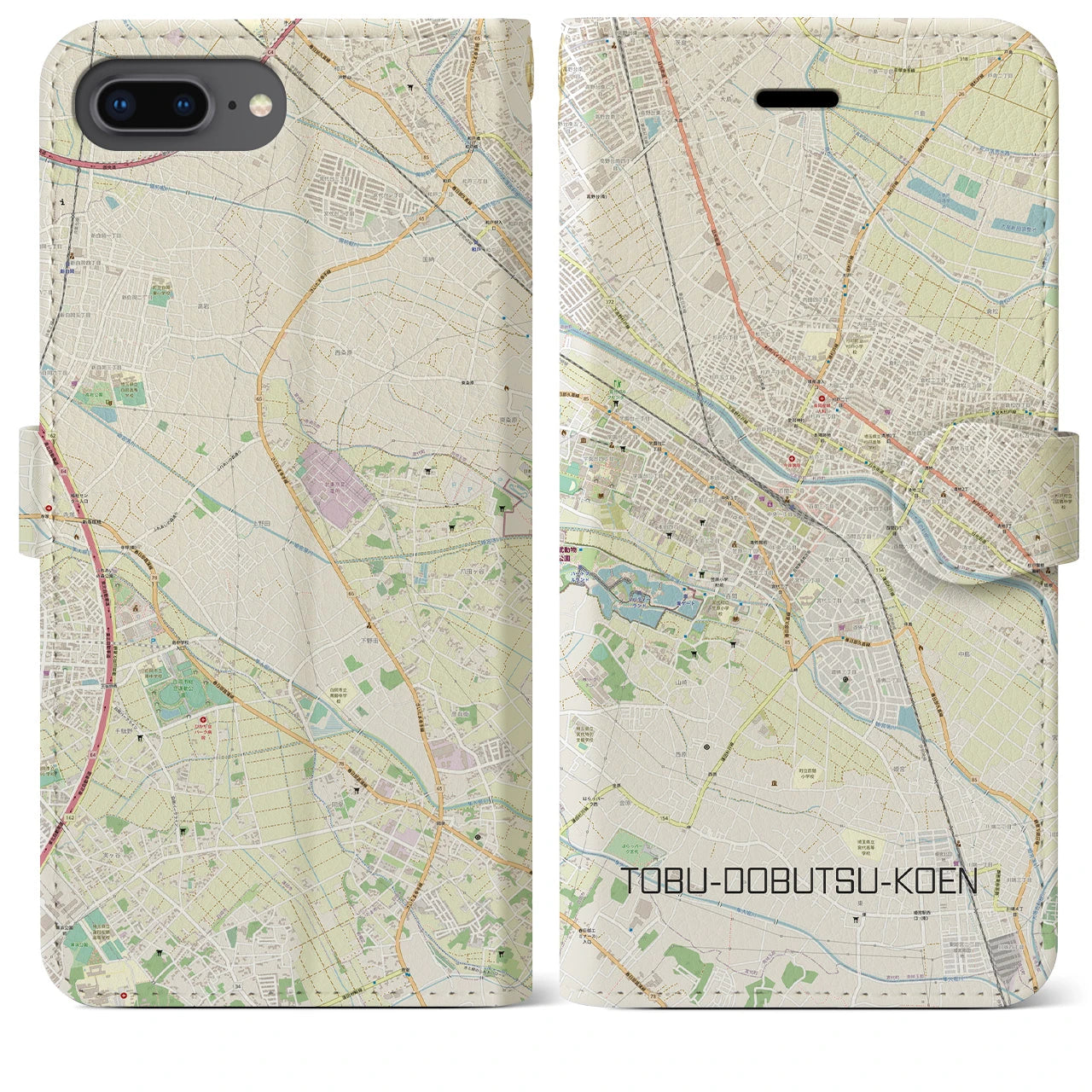 【東武動物公園】地図柄iPhoneケース（手帳両面タイプ・ナチュラル）iPhone 8Plus /7Plus / 6sPlus / 6Plus 用
