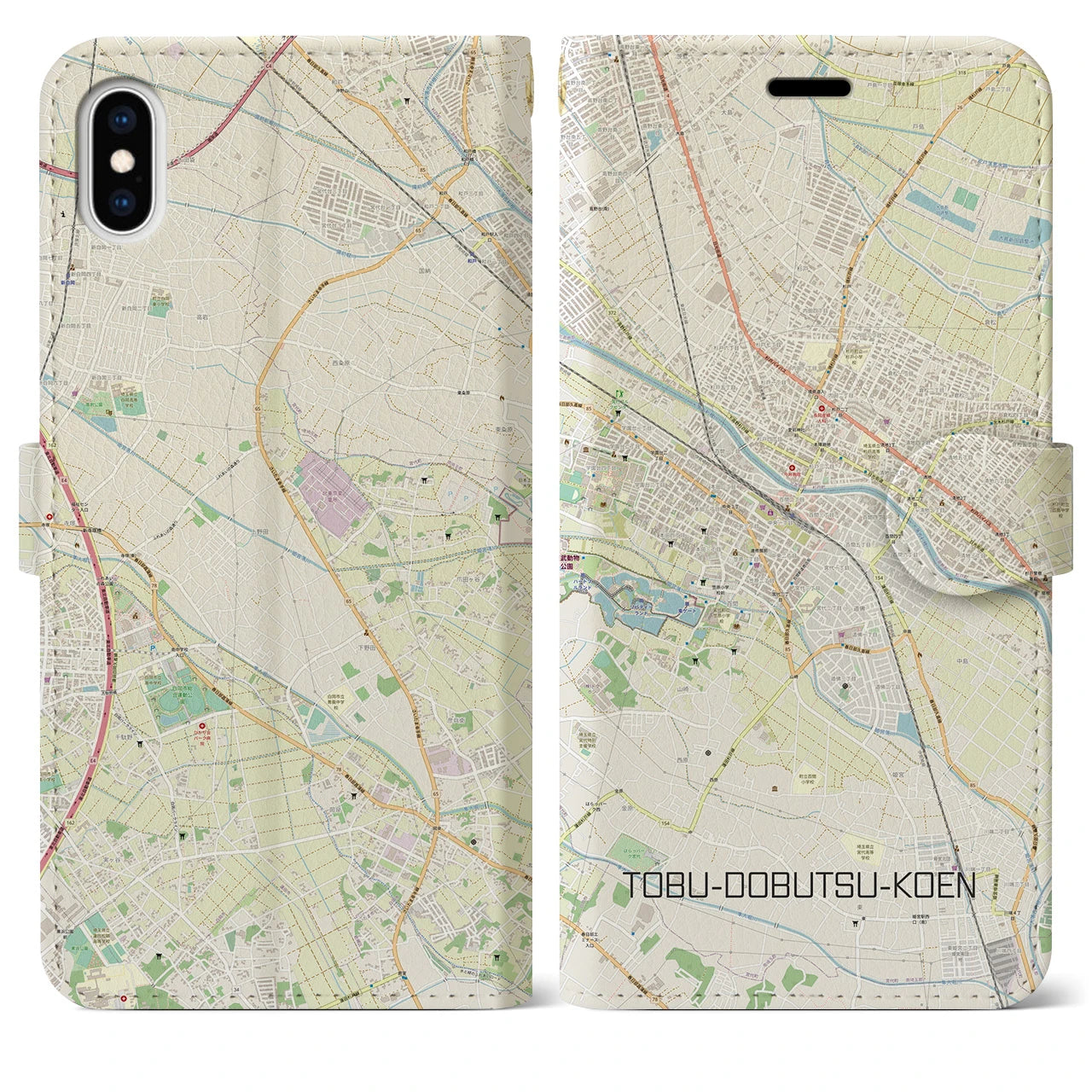 【東武動物公園】地図柄iPhoneケース（手帳両面タイプ・ナチュラル）iPhone XS Max 用