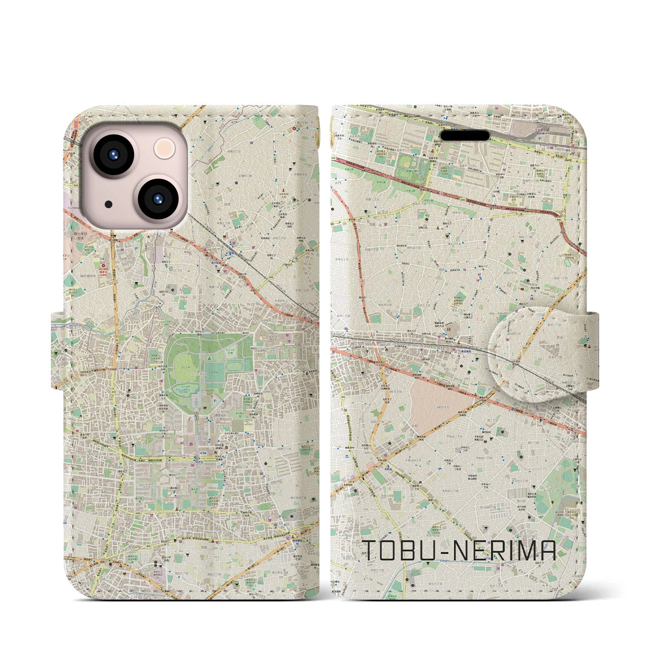 【東武練馬】地図柄iPhoneケース（手帳両面タイプ・ナチュラル）iPhone 13 mini 用