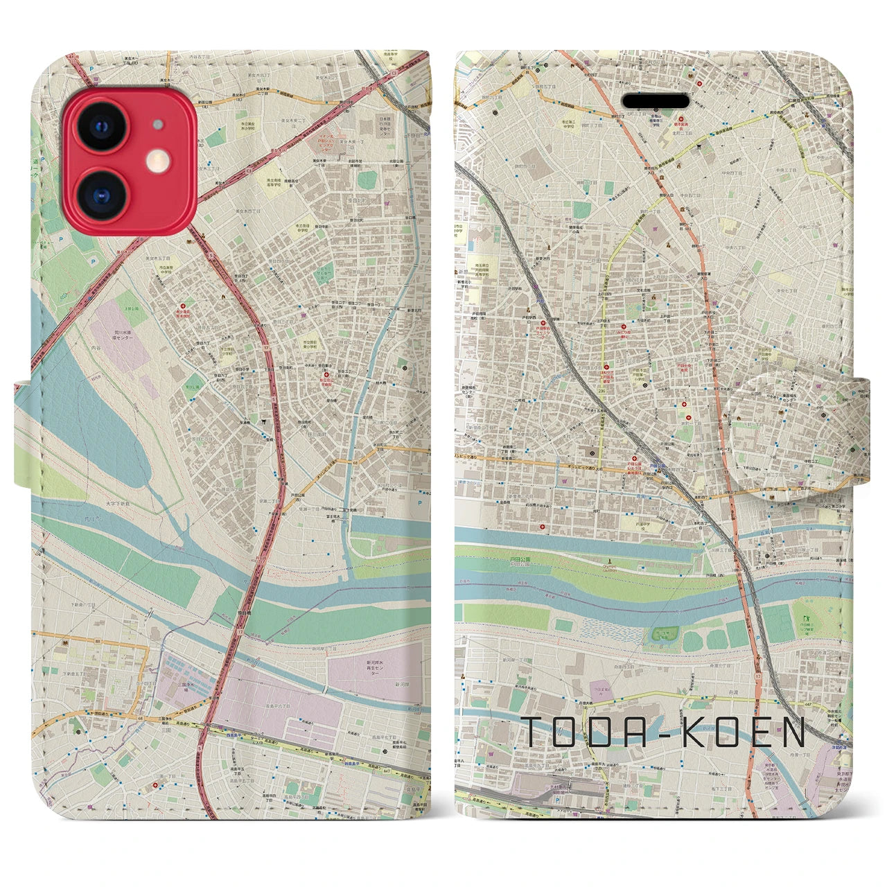【戸田公園】地図柄iPhoneケース（手帳両面タイプ・ナチュラル）iPhone 11 用