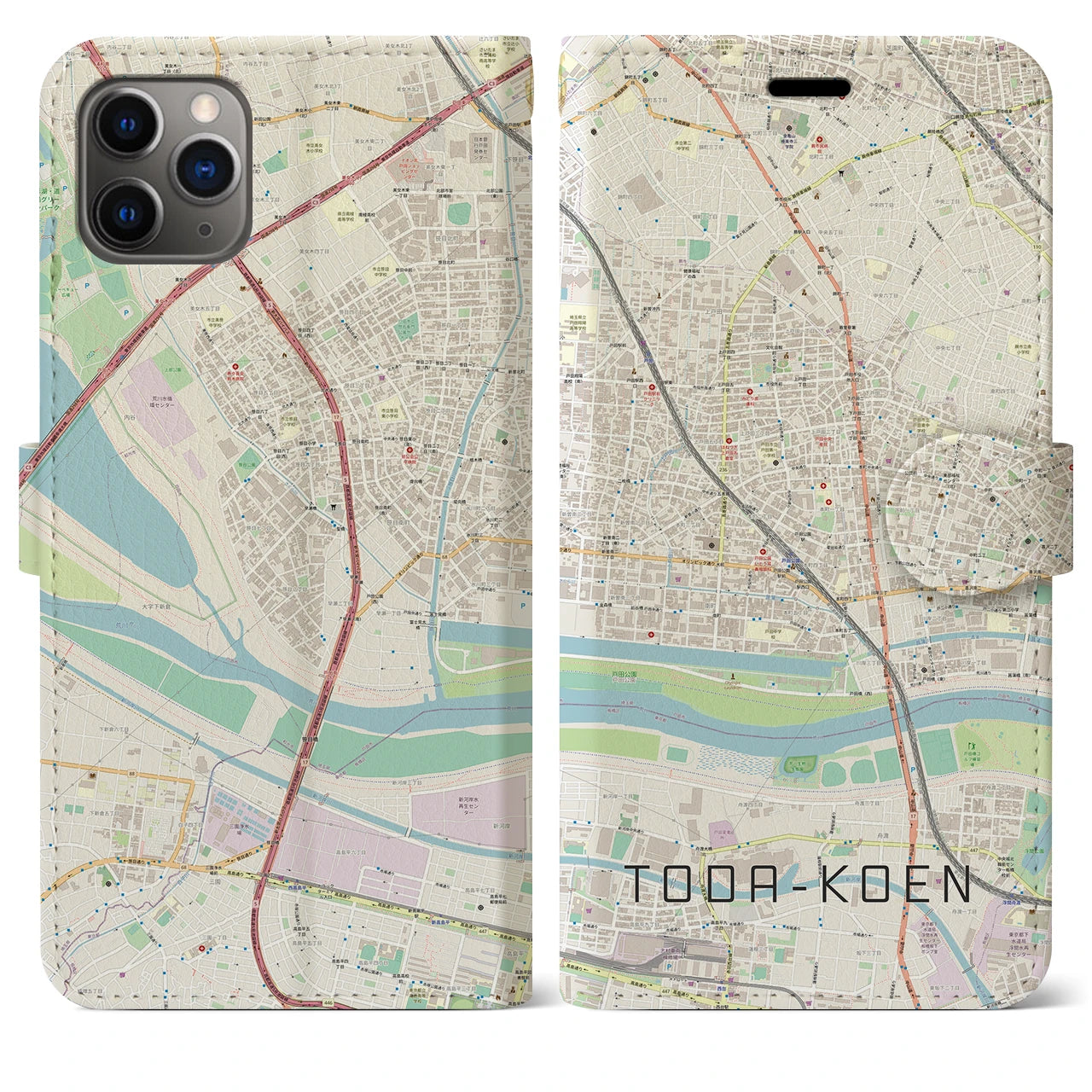 【戸田公園】地図柄iPhoneケース（手帳両面タイプ・ナチュラル）iPhone 11 Pro Max 用