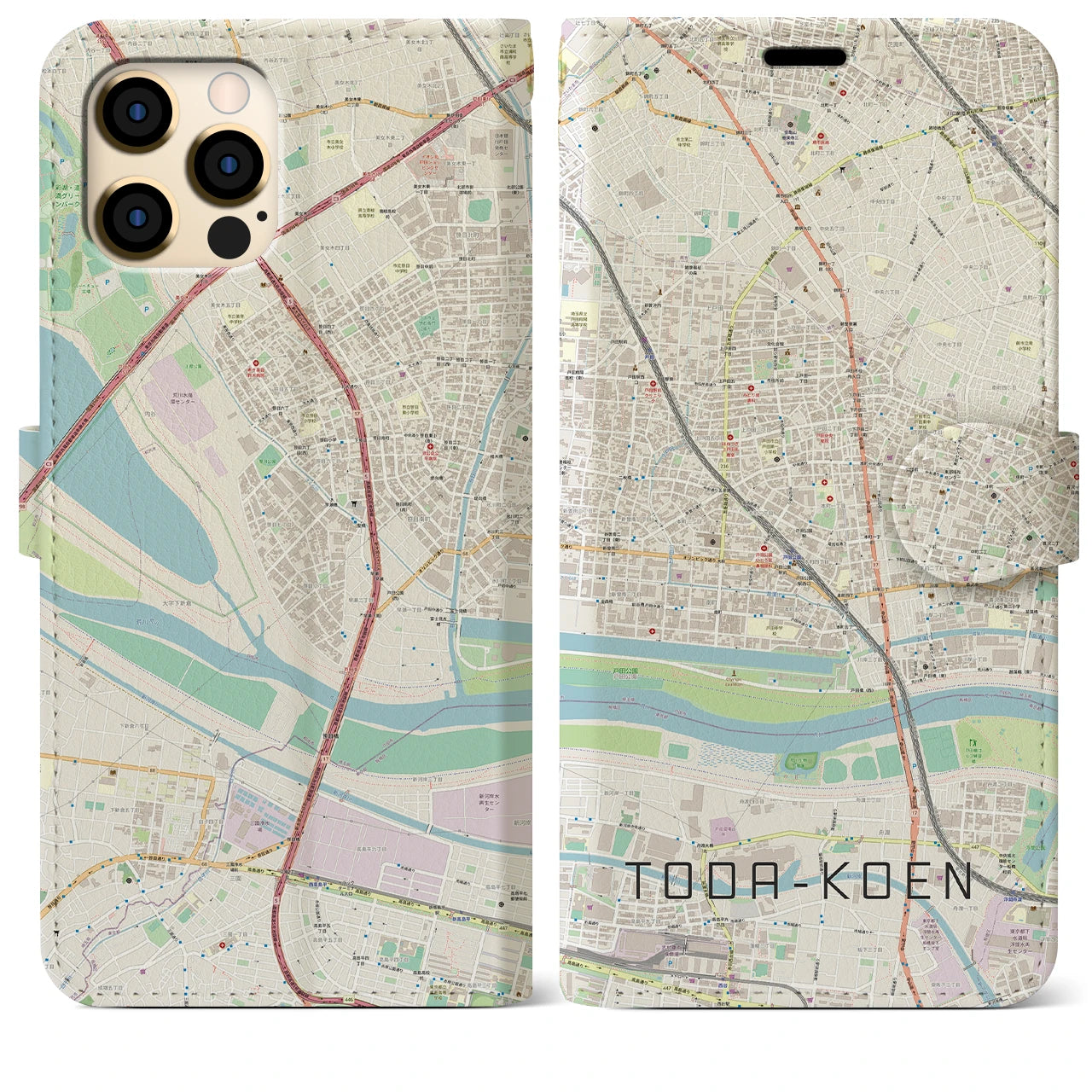 【戸田公園】地図柄iPhoneケース（手帳両面タイプ・ナチュラル）iPhone 12 Pro Max 用