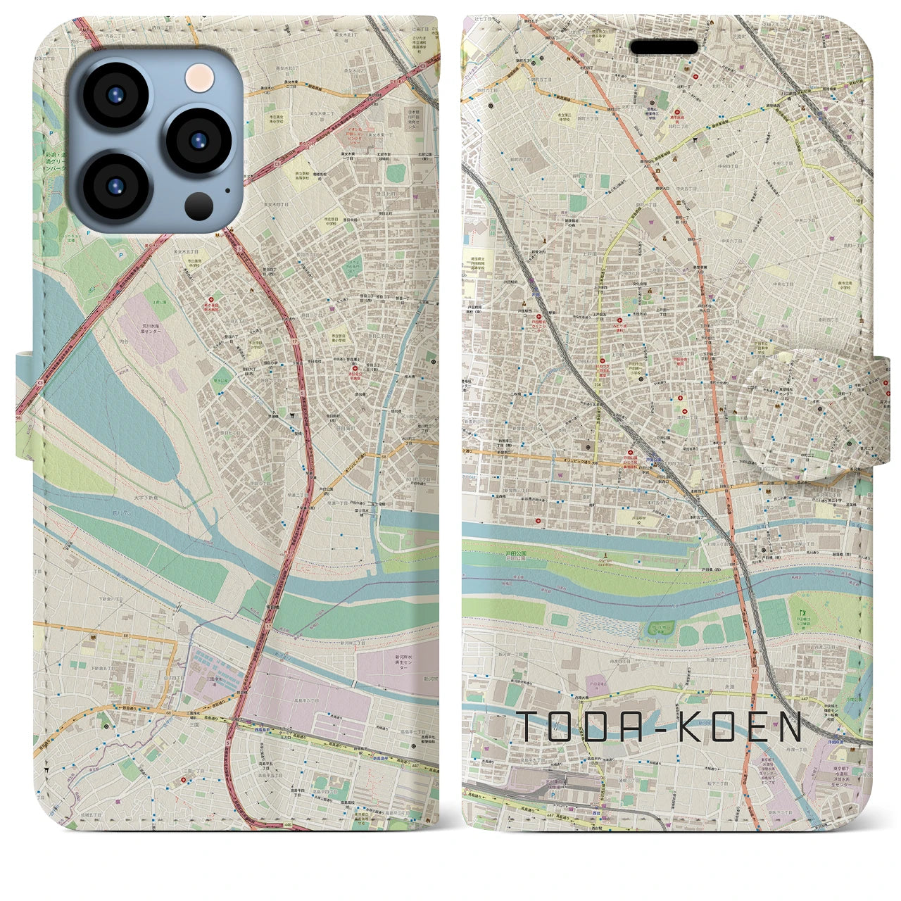 【戸田公園】地図柄iPhoneケース（手帳両面タイプ・ナチュラル）iPhone 13 Pro Max 用