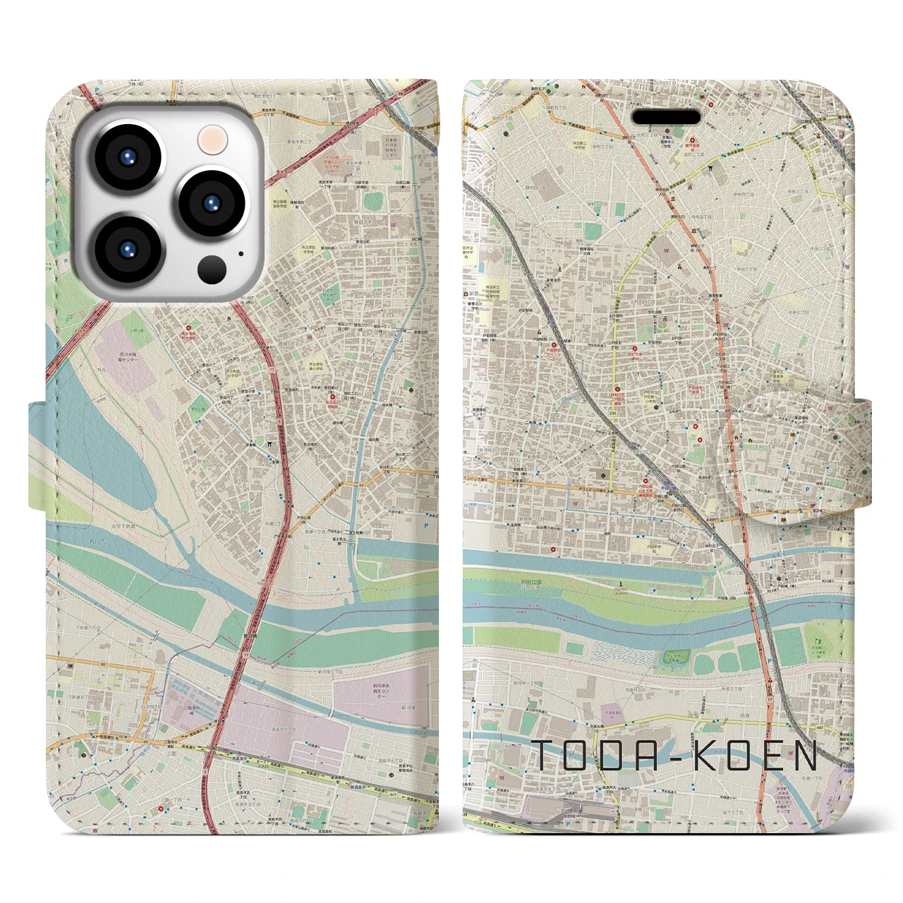 【戸田公園】地図柄iPhoneケース（手帳両面タイプ・ナチュラル）iPhone 13 Pro 用