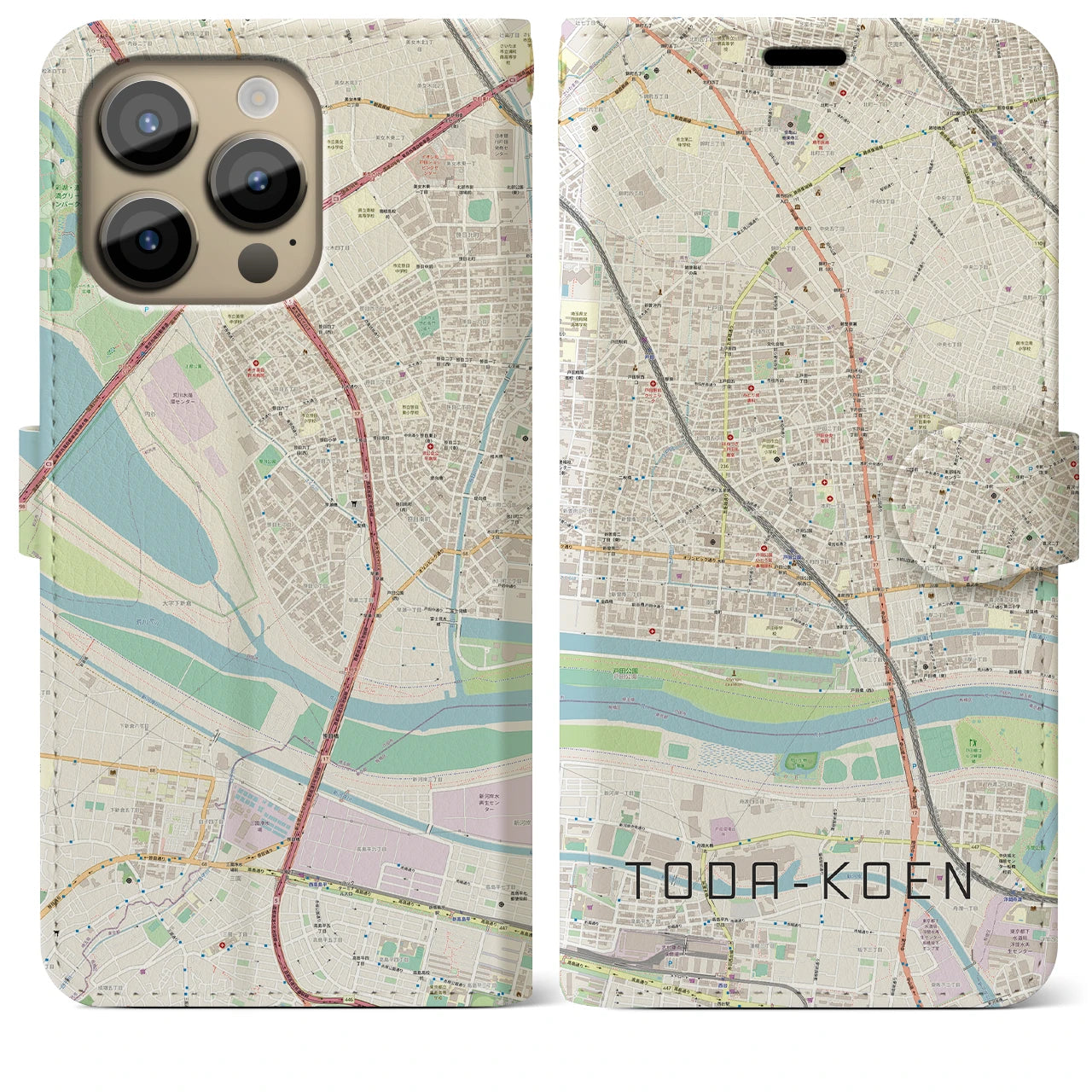 【戸田公園】地図柄iPhoneケース（手帳両面タイプ・ナチュラル）iPhone 14 Pro Max 用