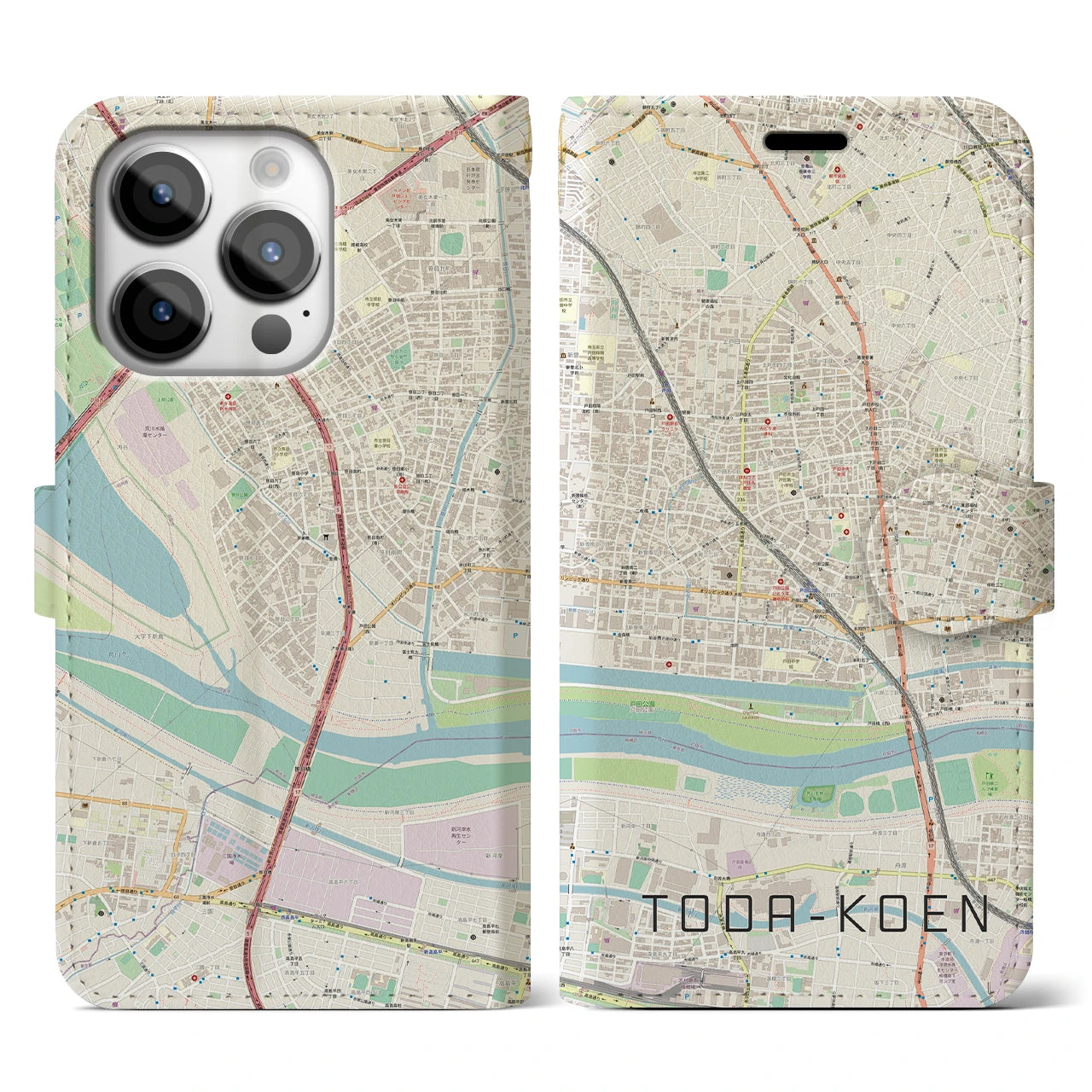 【戸田公園】地図柄iPhoneケース（手帳両面タイプ・ナチュラル）iPhone 14 Pro 用