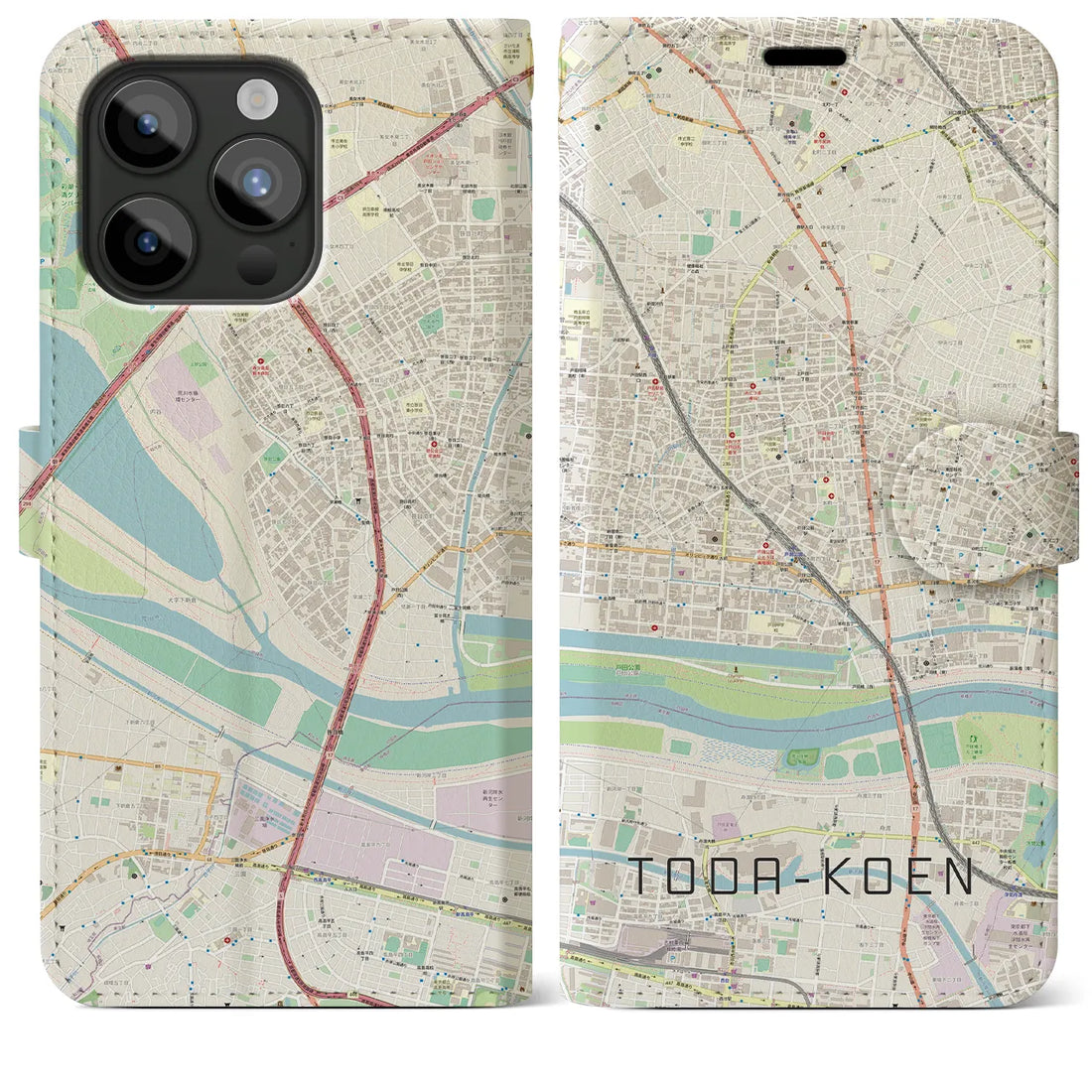 【戸田公園】地図柄iPhoneケース（手帳両面タイプ・ナチュラル）iPhone 15 Pro Max 用