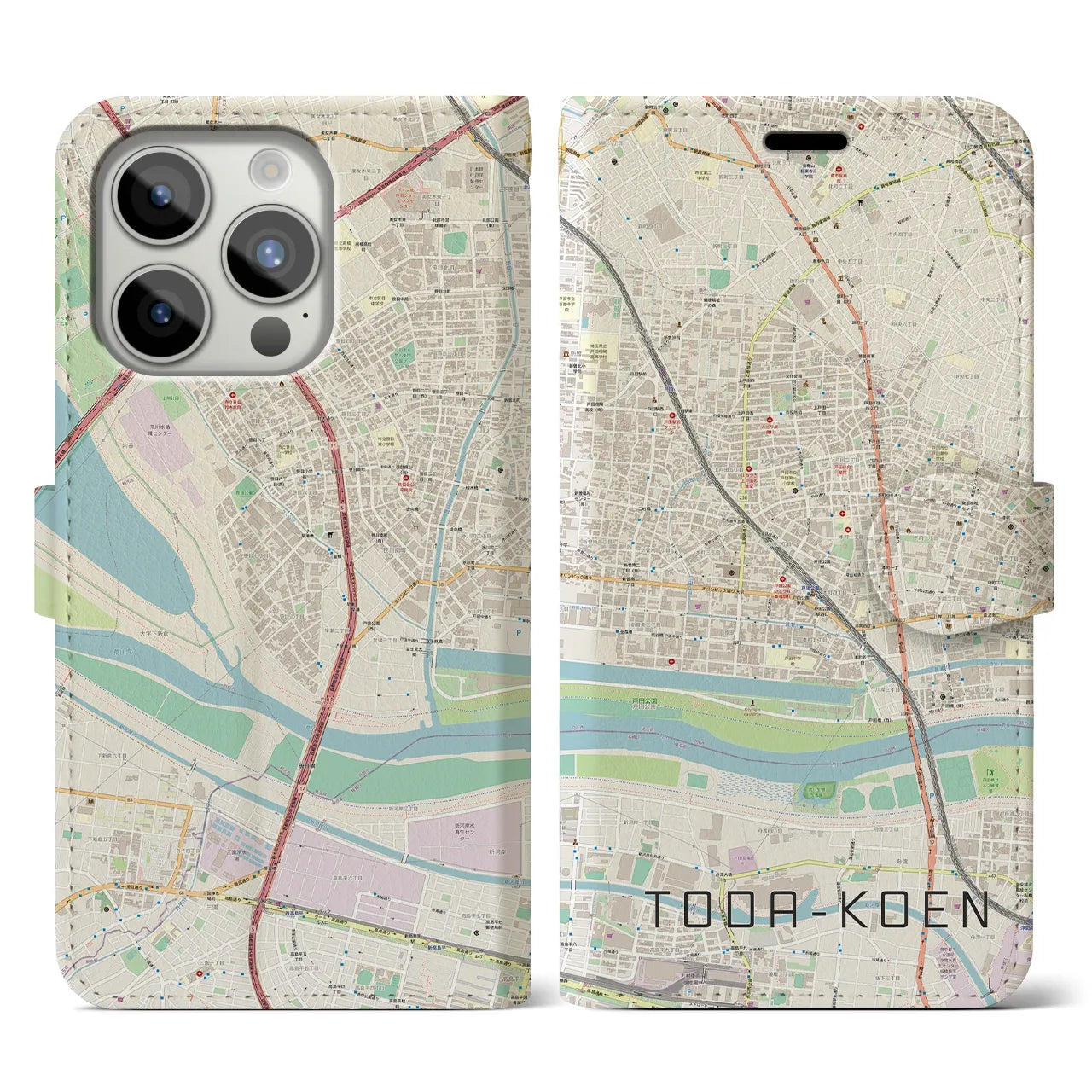 【戸田公園】地図柄iPhoneケース（手帳両面タイプ・ナチュラル）iPhone 15 Pro 用