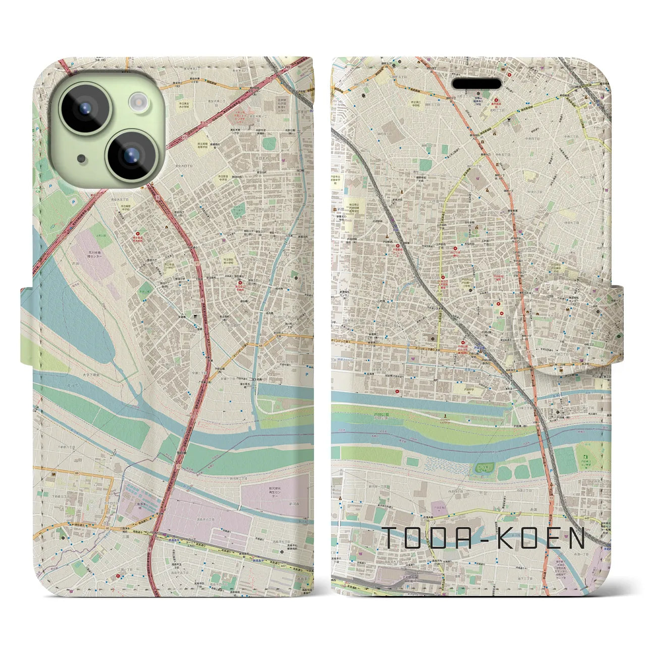 【戸田公園】地図柄iPhoneケース（手帳両面タイプ・ナチュラル）iPhone 15 用