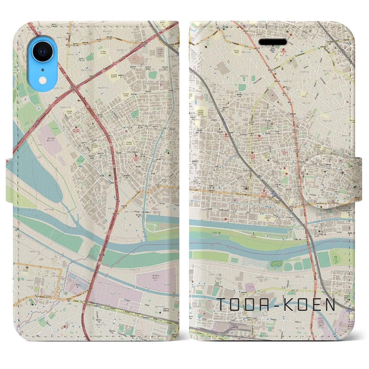【戸田公園】地図柄iPhoneケース（手帳両面タイプ・ナチュラル）iPhone XR 用