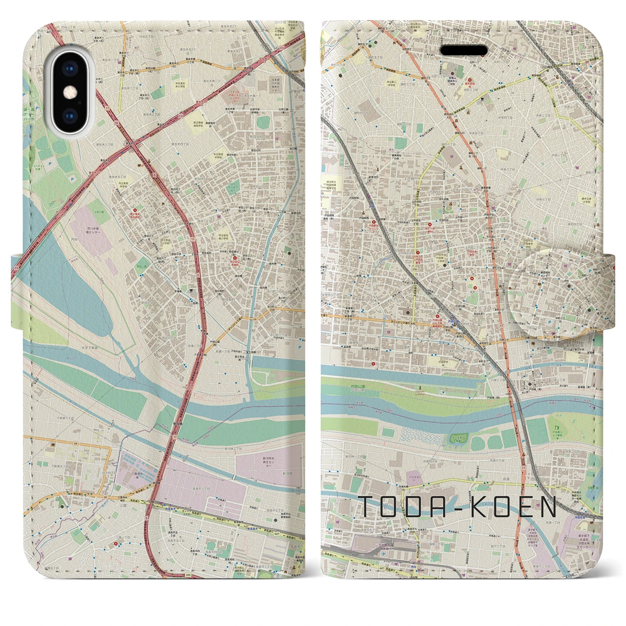 【戸田公園】地図柄iPhoneケース（手帳両面タイプ・ナチュラル）iPhone XS Max 用