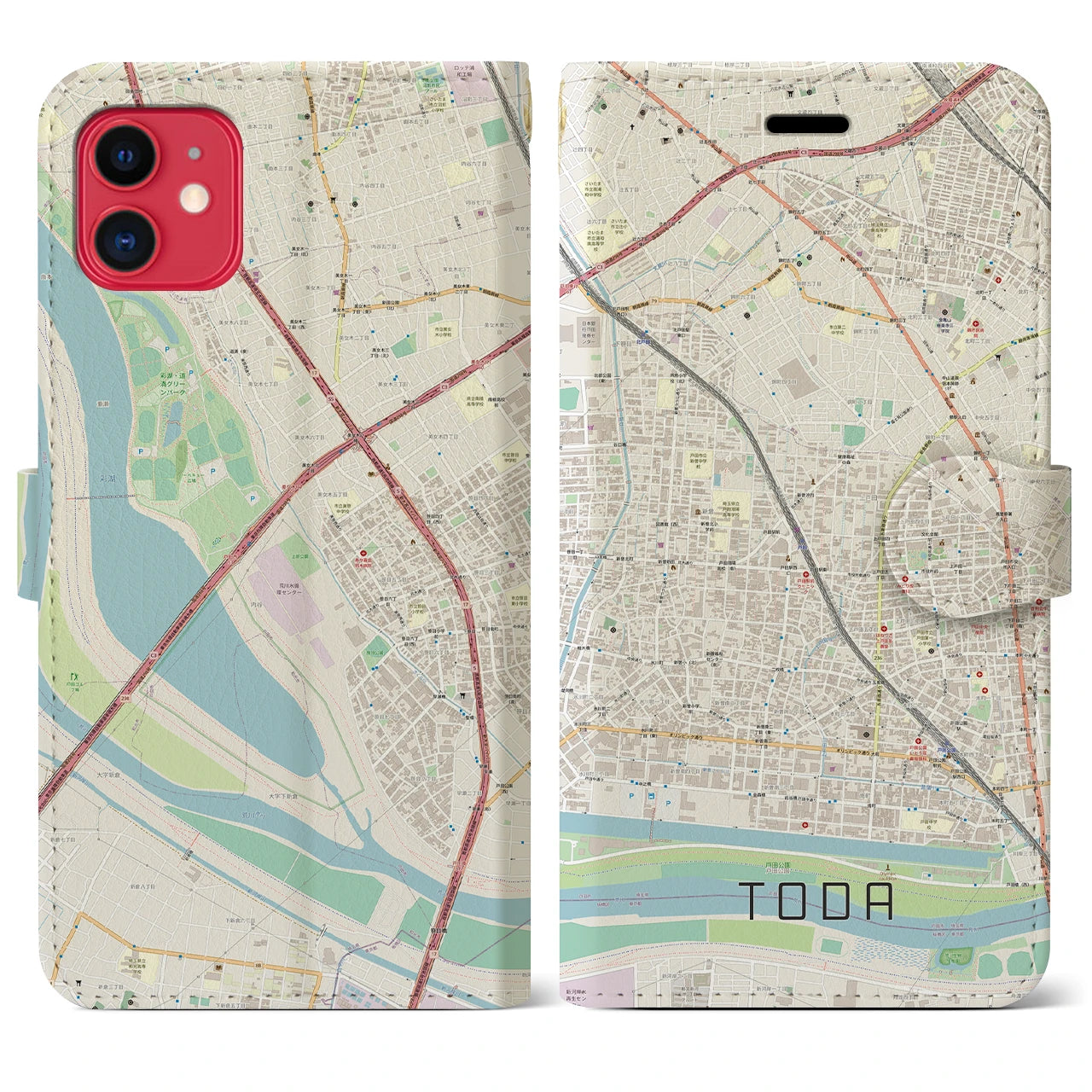 【戸田】地図柄iPhoneケース（手帳両面タイプ・ナチュラル）iPhone 11 用