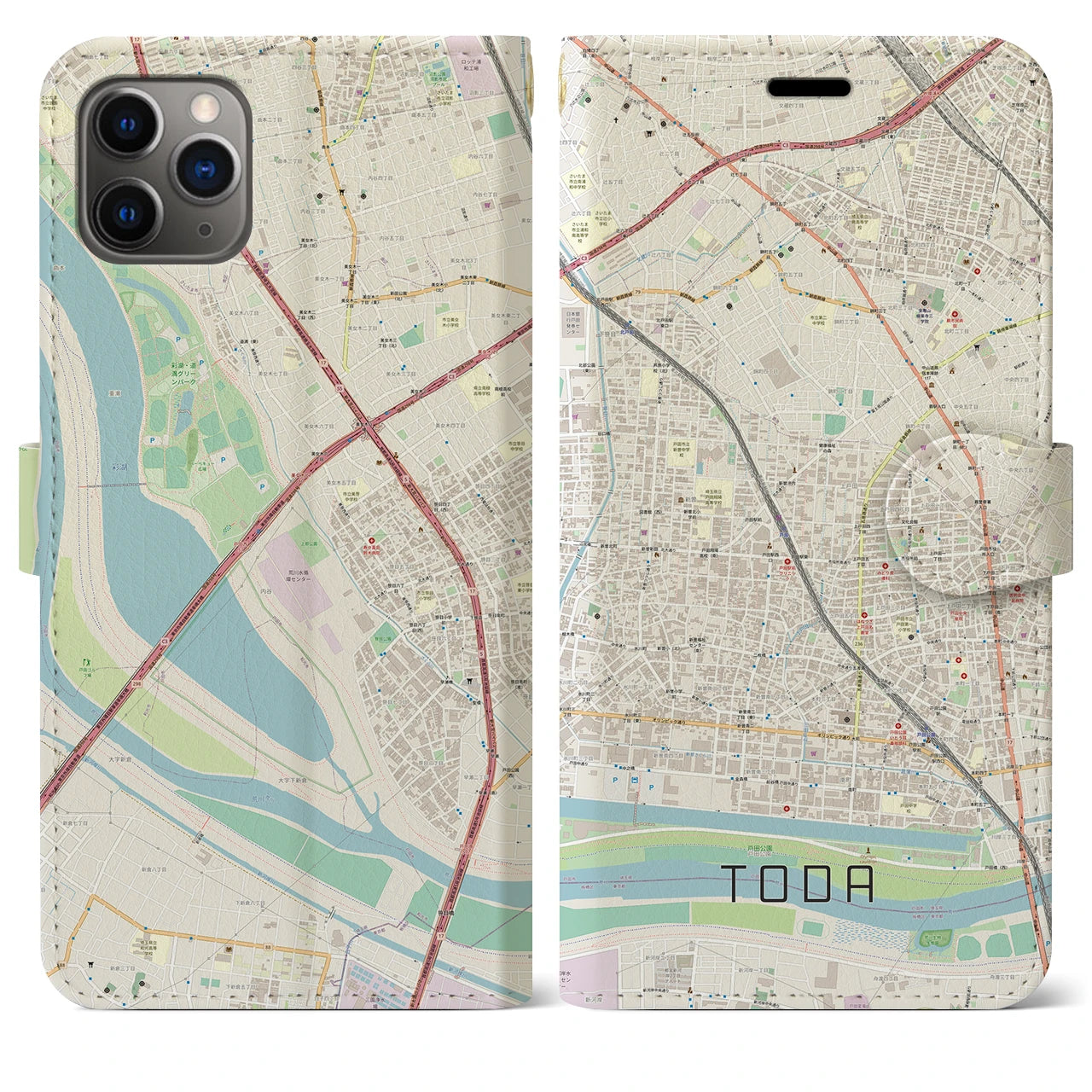 【戸田】地図柄iPhoneケース（手帳両面タイプ・ナチュラル）iPhone 11 Pro Max 用