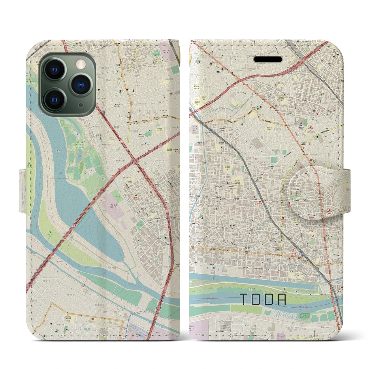 【戸田】地図柄iPhoneケース（手帳両面タイプ・ナチュラル）iPhone 11 Pro 用
