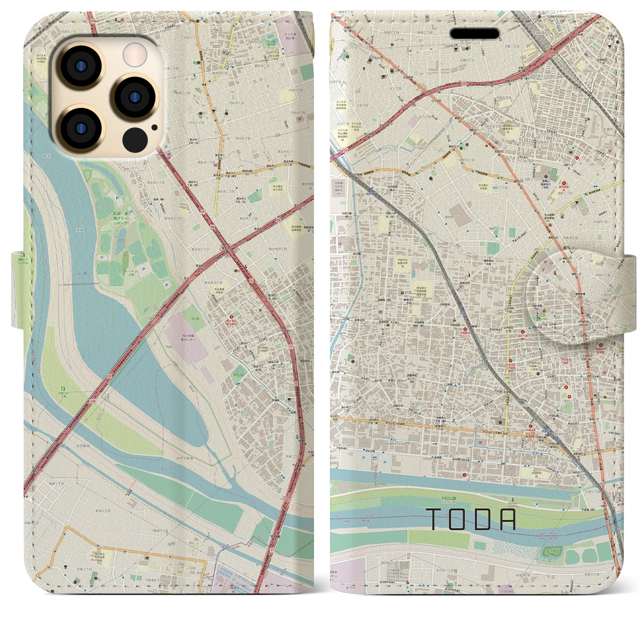 【戸田】地図柄iPhoneケース（手帳両面タイプ・ナチュラル）iPhone 12 Pro Max 用
