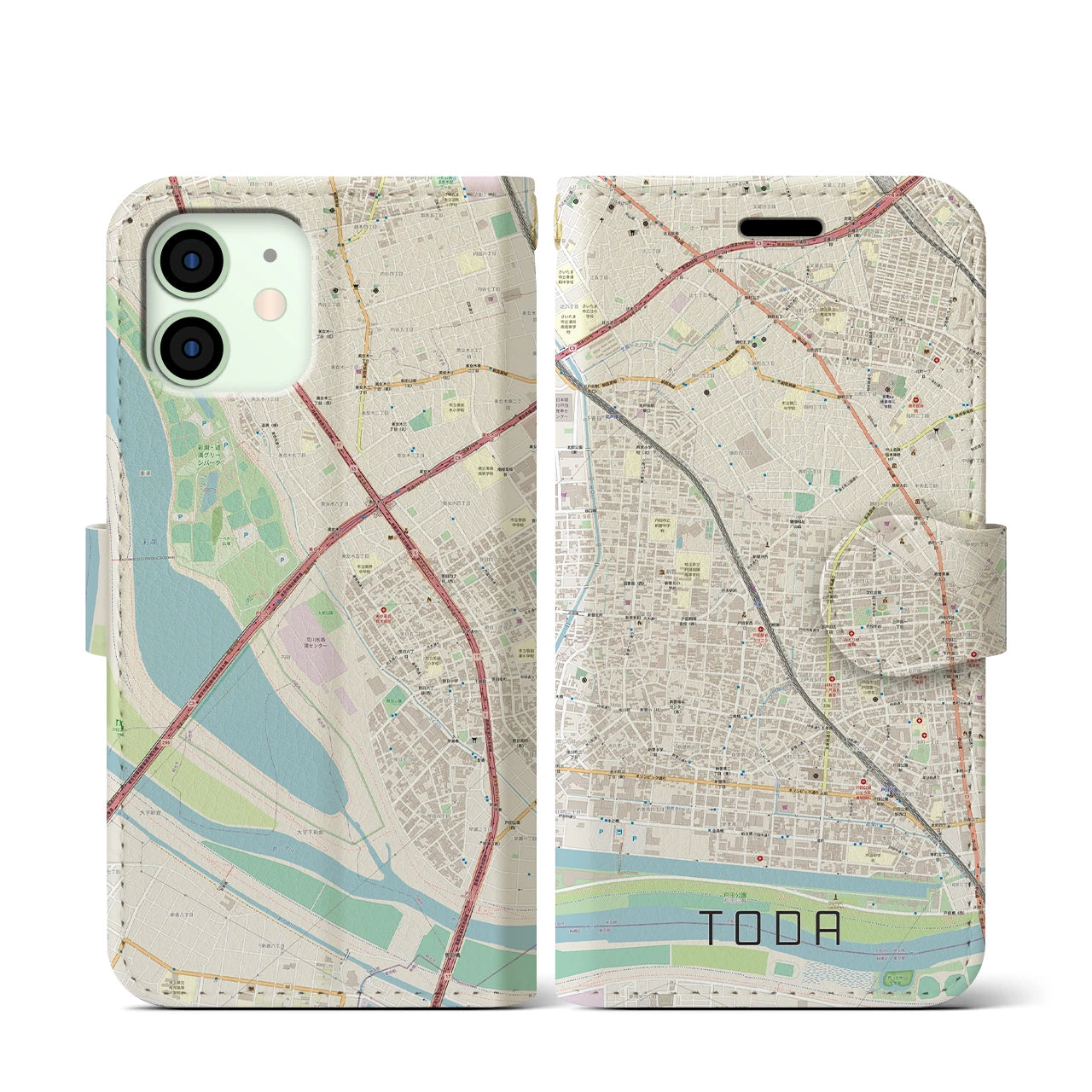 【戸田】地図柄iPhoneケース（手帳両面タイプ・ナチュラル）iPhone 12 mini 用